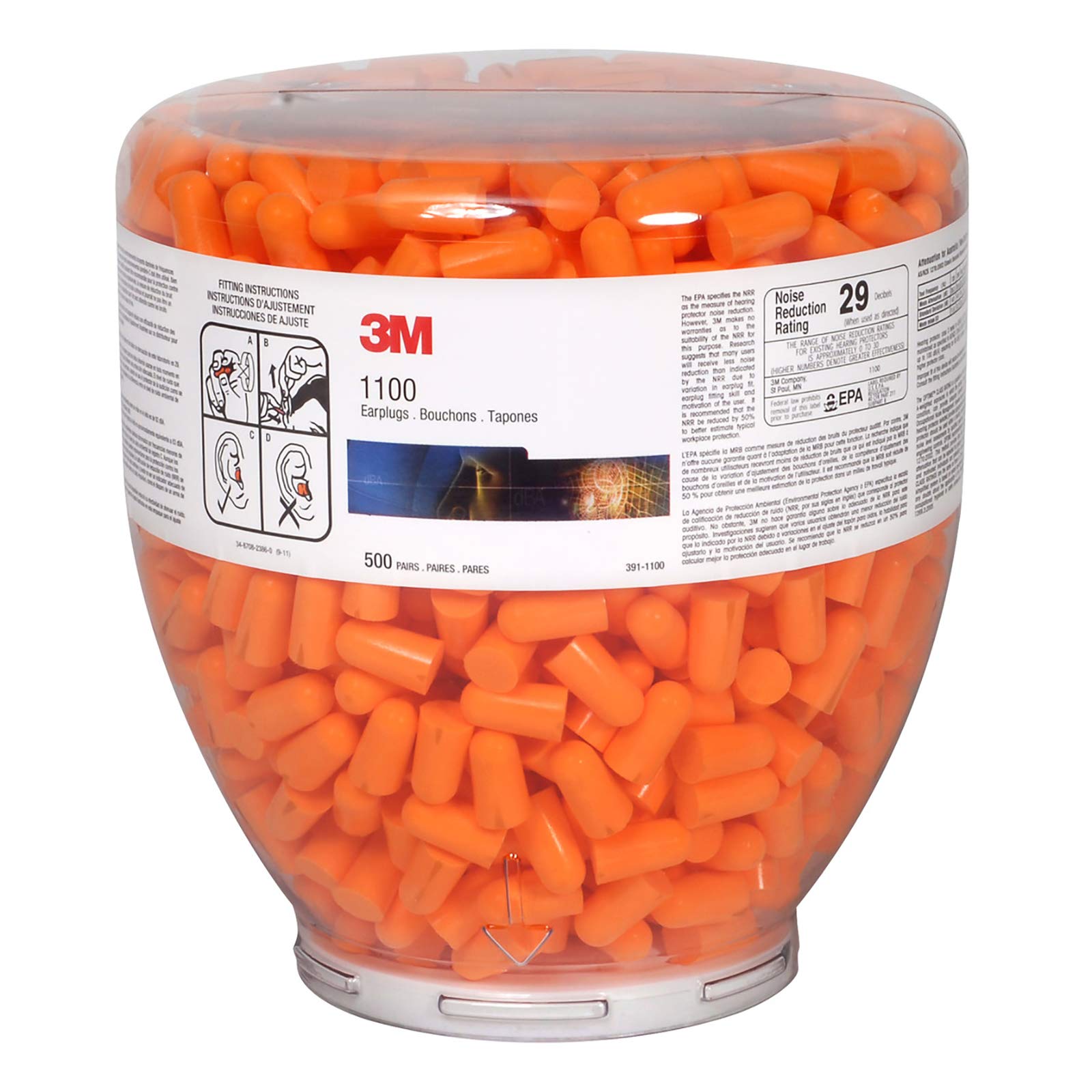 3M One Touch 1100 Earplugs Refill 391-1100 (500 Pack) - Noise Reduction for Sleeping, Studying, Travel & Work - Comfortable Disposable Ear Plugs for Noise Cancellation