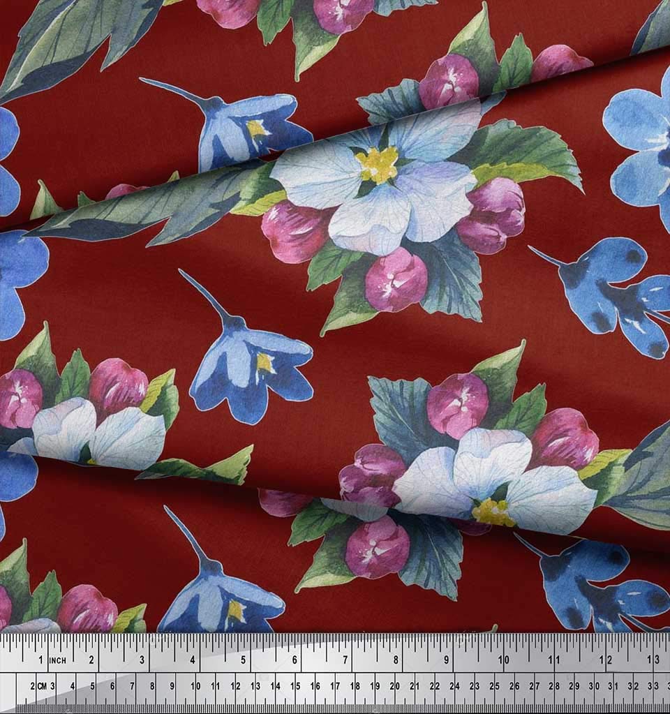 Soimoi 100% Cotton Cambric Fabric - Red with Leaves & Lavender Blue Floral Print - 42