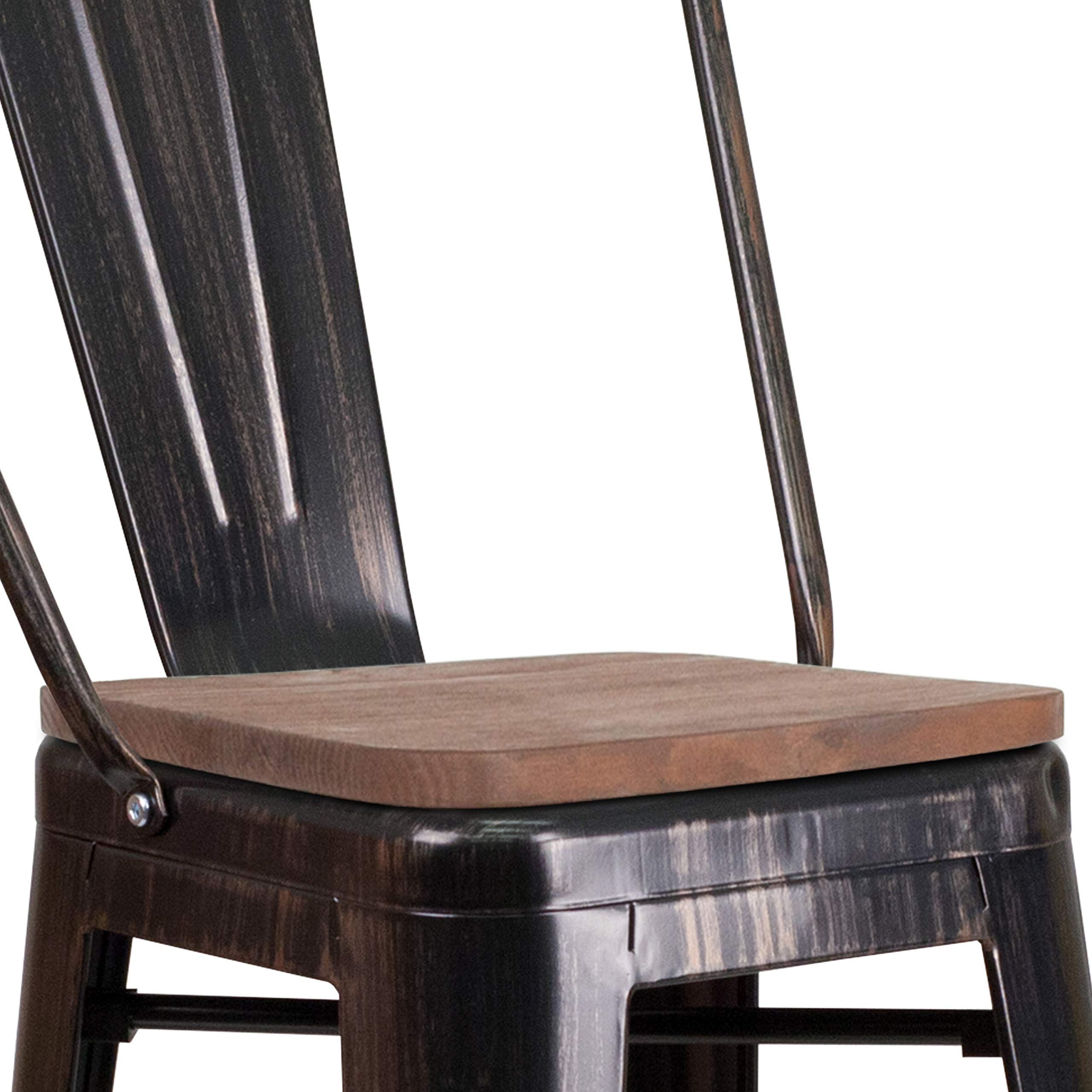 EMMA + OLIVER 30 Inch Black and Antique Gold Metal Bar Stool with Backrest and Wooden Seat - Perfect for Kitchen Islands, Home Bars, and Dining Counter Height Tables