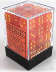 Chessex 36-Pack Orange with Yellow Ghostly Glow 12mm Pipped D6 Dice Set - Perfect for Tabletop RPGs, Board Games & Collectors