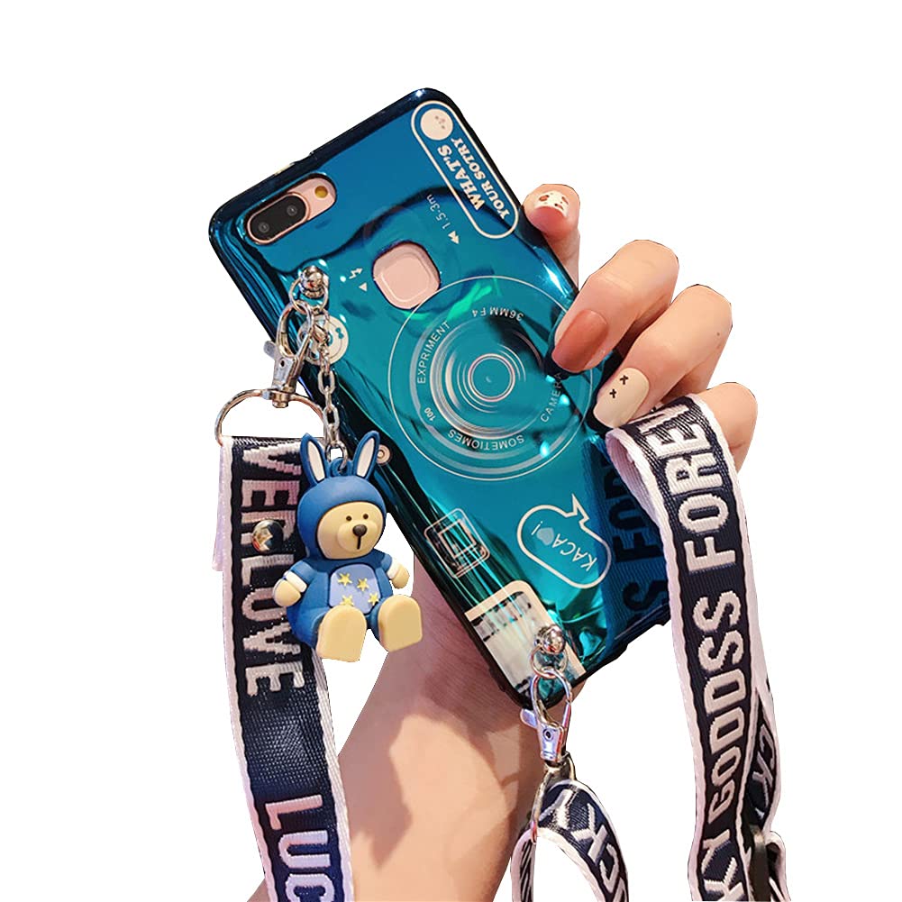 **Cute 3D Bear Doll Camera Crossbody Phone Case for Samsung Galaxy A71 4G – Soft Silicone Shockproof Protective Glitter Cover with Kickstand & Lanyard Strap (Blue Bear) – Perfect for Travel, Selfies & Everyday Use**