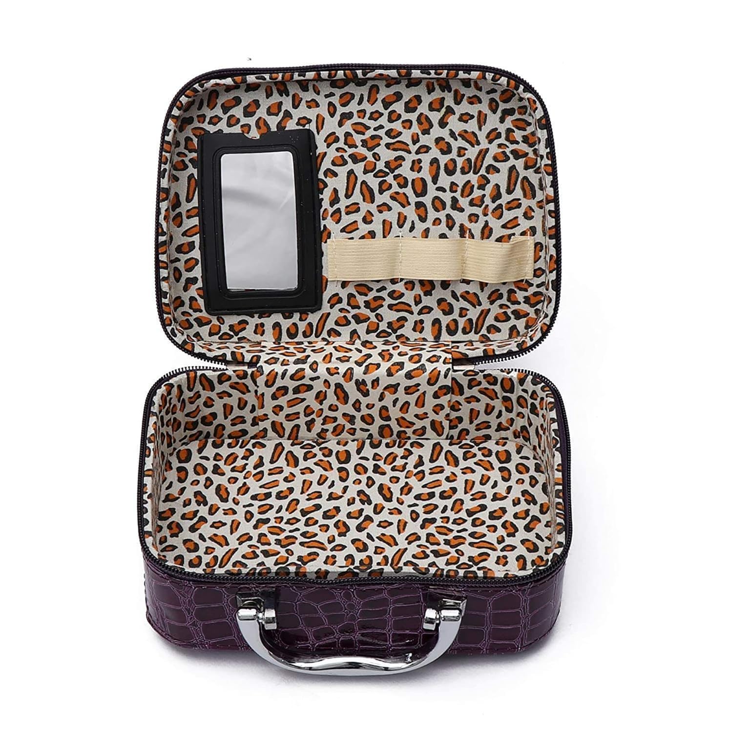Premium Leather Cosmetic Bag with Steel Handle - Large Makeup Organizer with Magnifying Mirror for Lipstick, Toiletries & Travel Essentials - Perfect for Home Storage & Travel Accessories (Black)