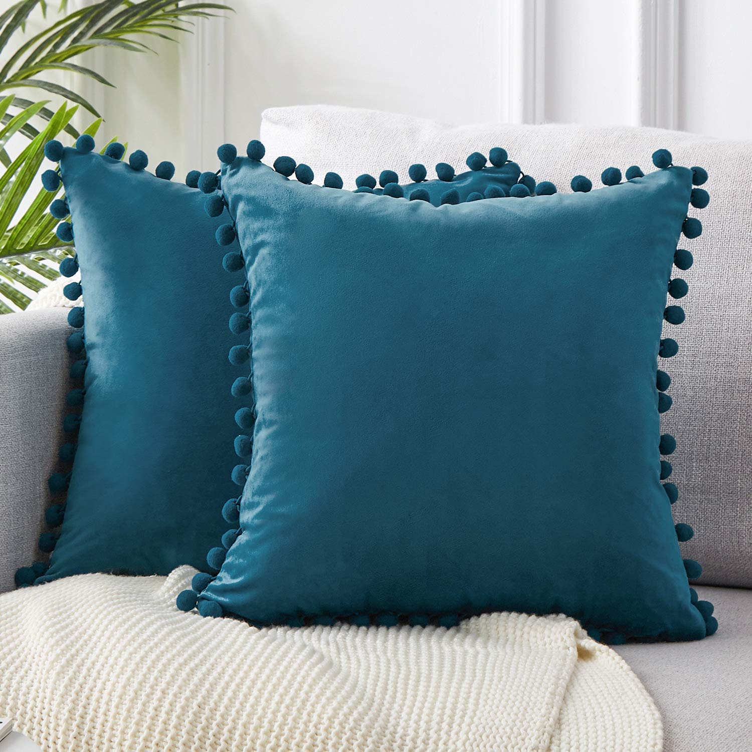 Premium 18x18 Inch Velvet Square Throw Pillow Covers Set of 2 - Soft Decorative Cushion Covers for Sofa, Bed & Outdoor Furniture with Tassel Trim - Navy Blue Home Decor Accent for Living Room, Bedroom & Patio