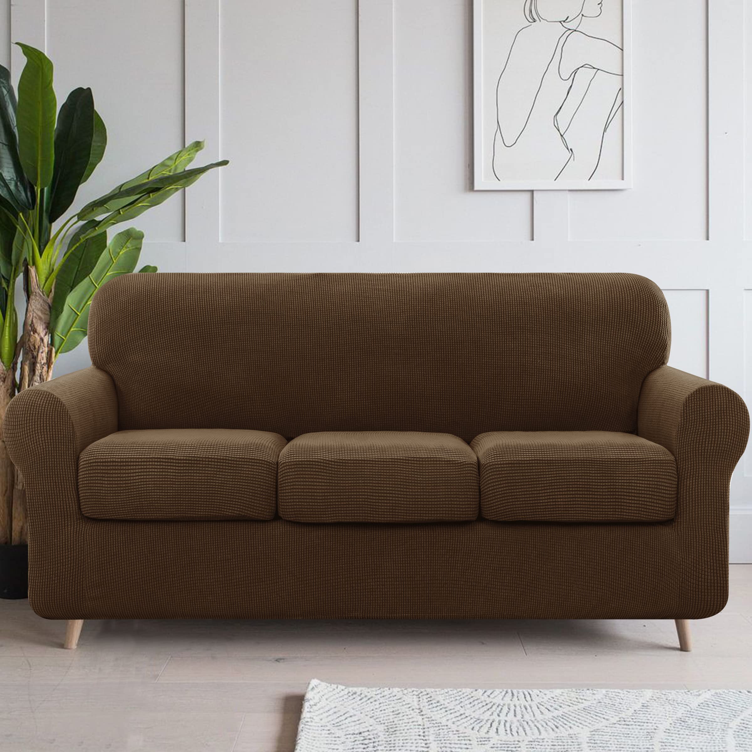 SUBRTEX Sofa Slipcover with Removable Cushion Covers - Stretchable 1-Seater & 3-Seater Couch Protector for Pets & Kids (Small/Large, Coffee Brown) - Perfect for Living Room Furniture Protection & Home Decor