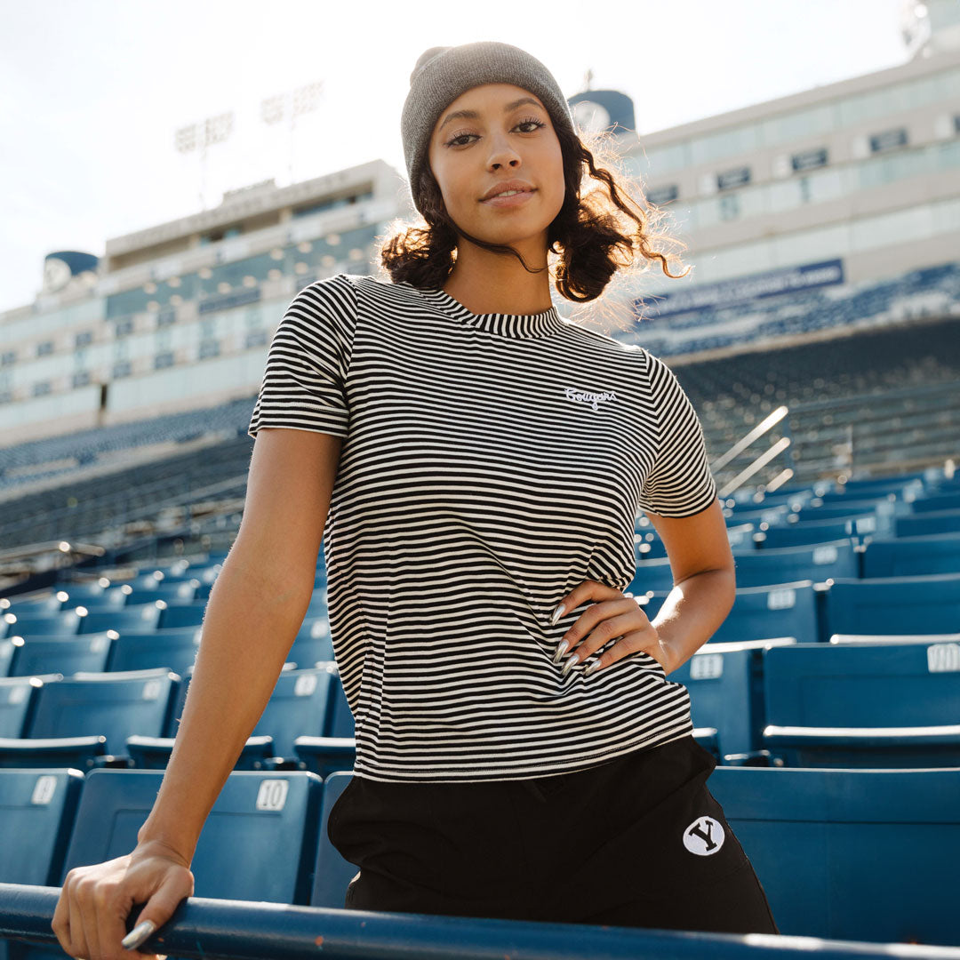 BYU Boyfriend T-Shirt - Black and Ivory Striped Cotton Tee for Women - Casual Loungewear & Everyday Outfits