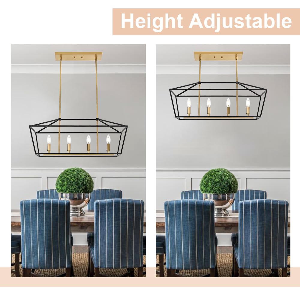 4-Light Farmhouse Linear Chandelier - Adjustable Height Kitchen Island Pendant Lighting for Dining Room, Breakfast Nook & Bar Counter | Modern Rustic Ceiling Light Fixture for Table Hanging