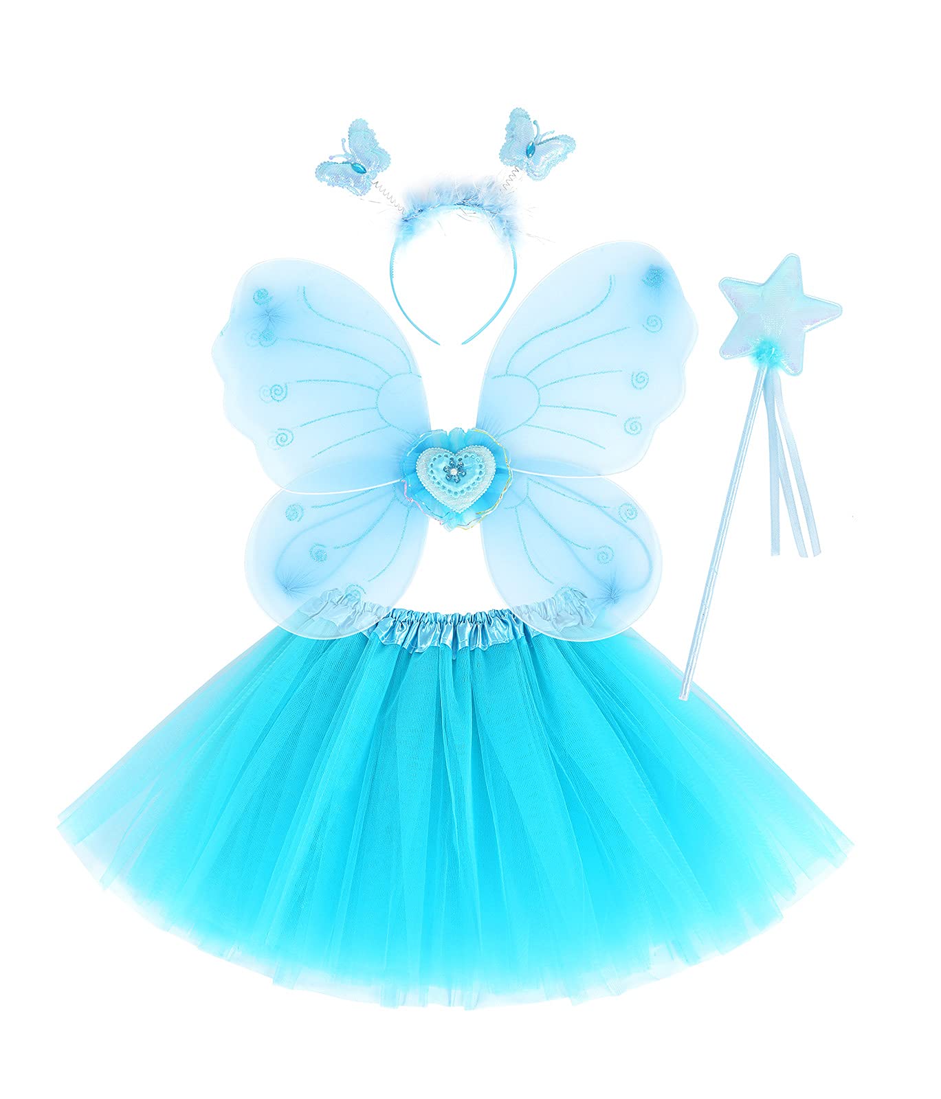 Eledobby Girls Butterfly Princess Fairy Costume Dress Set with Wings, Wand & Headband - Kids Halloween, Birthday Party, Dress Up Play & Photo Shoot Outfit