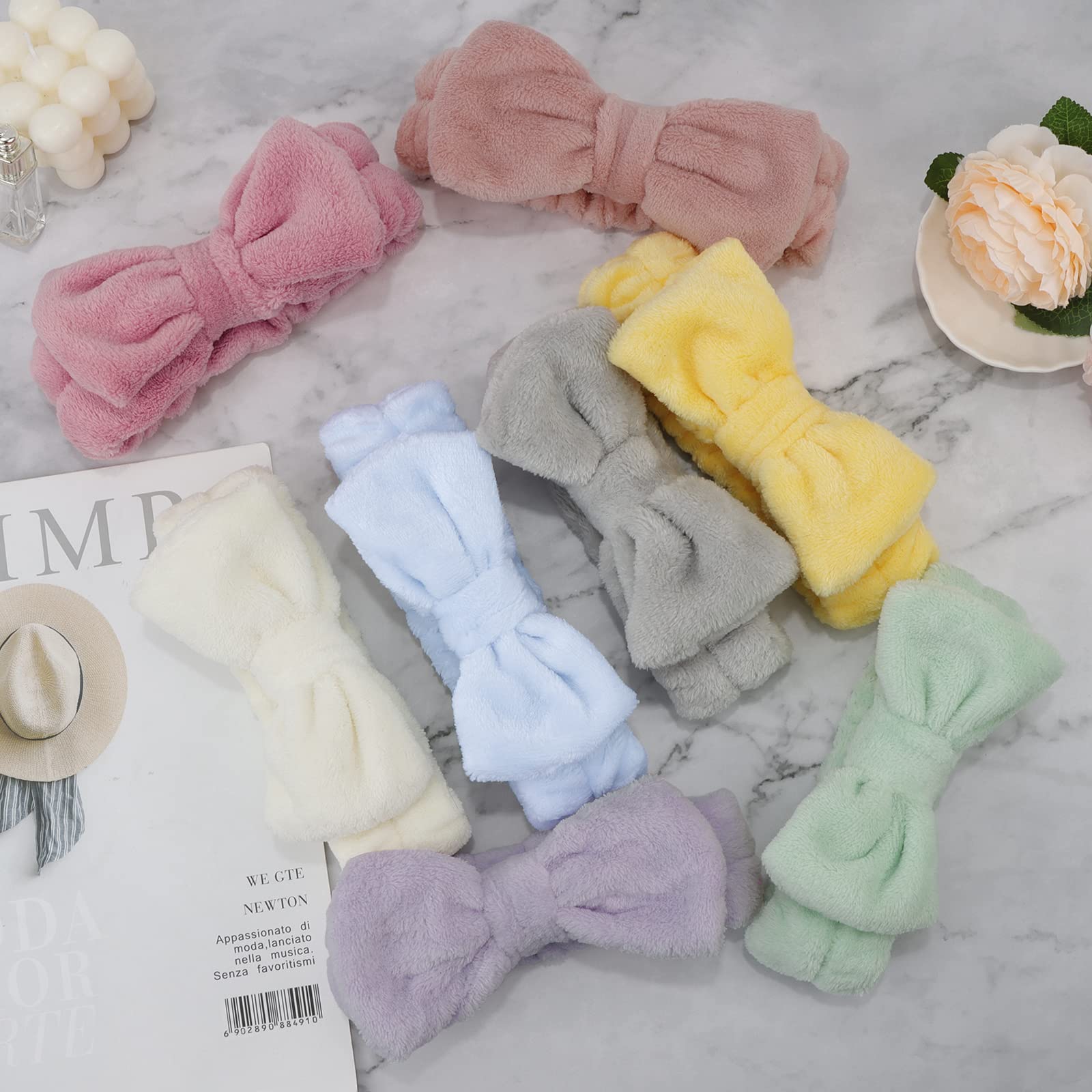 Ondder 8 Pack Soft Fluffy Bow Hairbands for Women - Washable Spa Headbands for Face Washing, Makeup, Skincare & Beauty Routine - Perfect for Salon, Home Spa & Daily Use - 8 Count Set