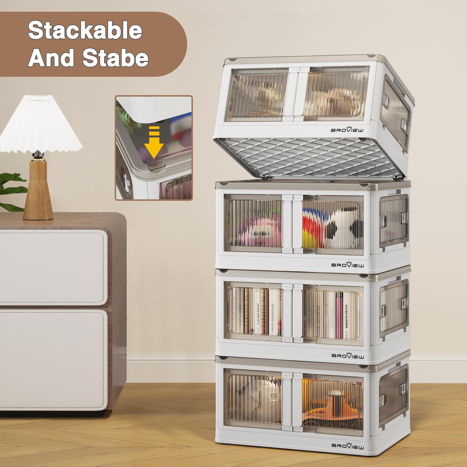 V5 25 Gallon Plastic Storage Bins with Lids - 3 Pack Stackable Collapsible Storage Containers for Closet Organization, Folding Drawers with Wheels & Doors - Perfect for Home, Office, Garage & Closet Storage (White)