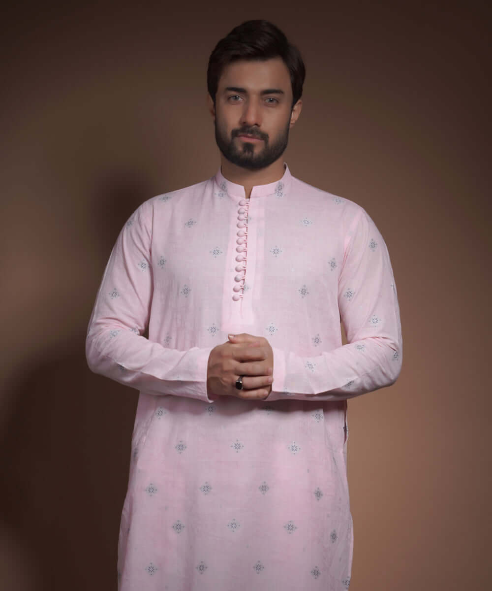 Elegant Pink Cotton Jacquard Kurta for Women | Traditional Indian Embroidered Tunic Top | Perfect for Festivals, Weddings & Casual Wear