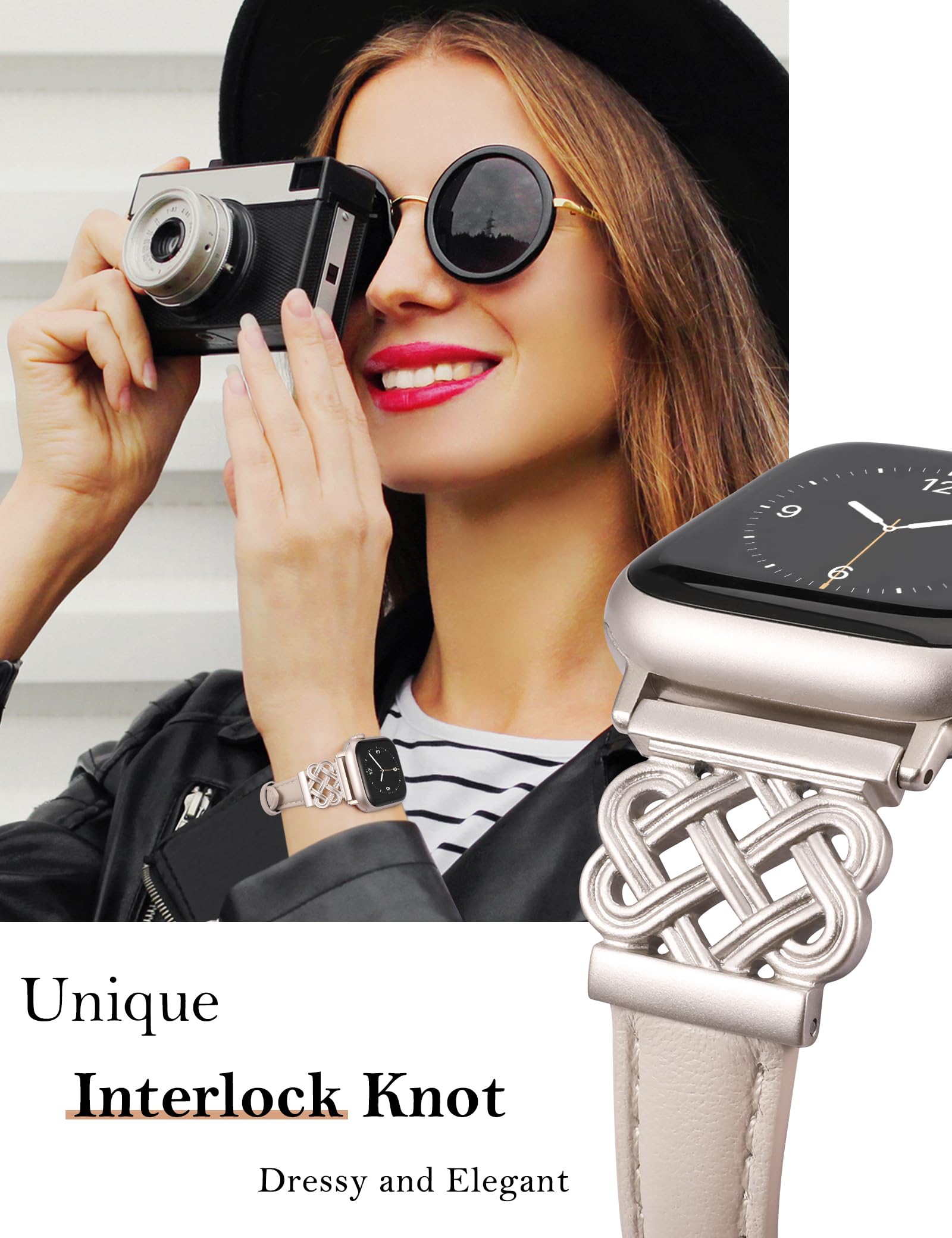 Premium Leather Apple Watch Band for Women - Compatible with 38/40/41/42mm iWatch Series 10/9/8/7/6/5/4/3/2/1 & SE - Slim Dressy Strap with Designer Buckle (Starlight) - Perfect for Work, Parties & Everyday Wear