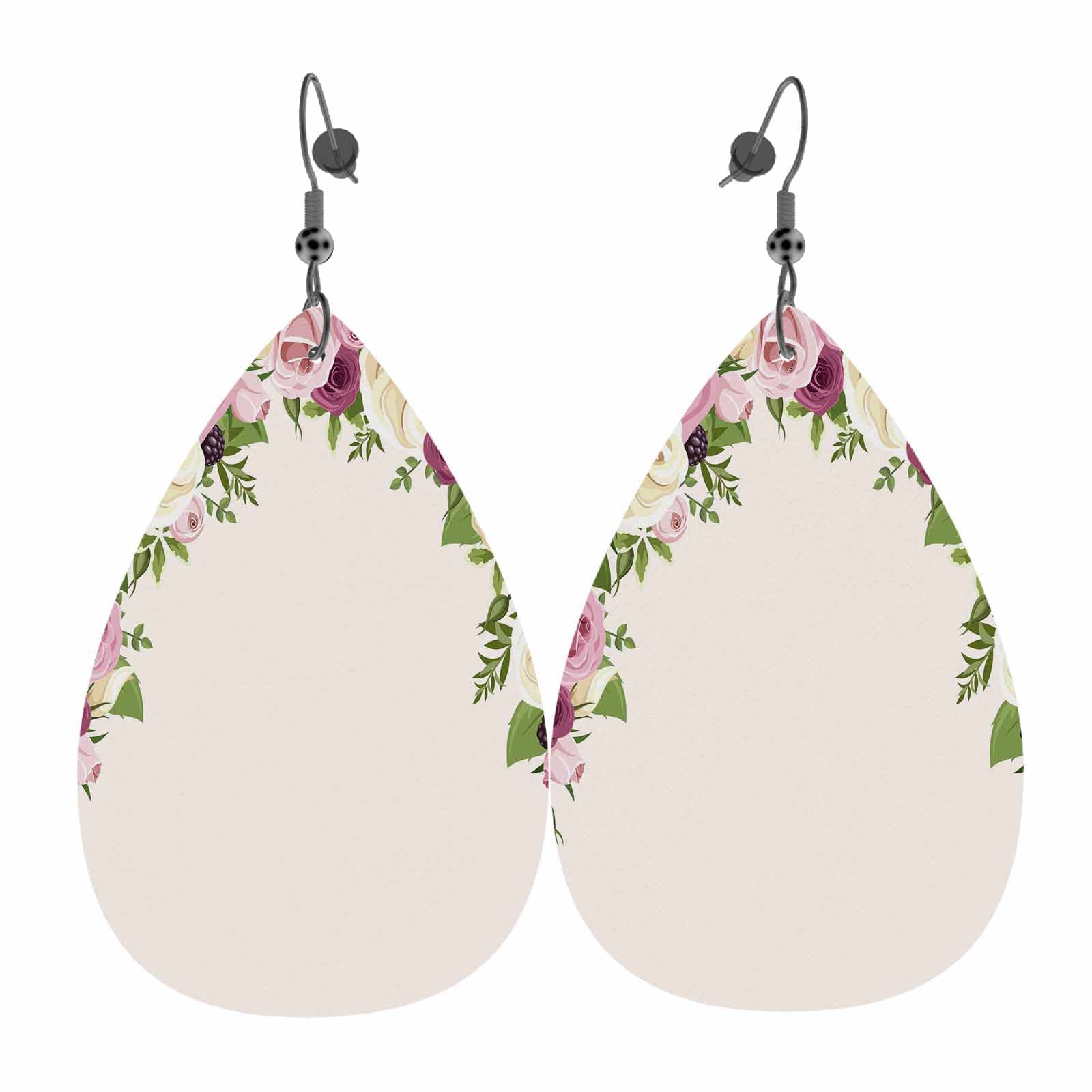 Pink and White Roses Leather Earrings for Women - Double-Sided Teardrop Dangle Earrings with Lisianthus Flowers, Blackberries & Green Leaves | Lightweight Fashion Jewelry for Parties, Weddings & Everyday Wear