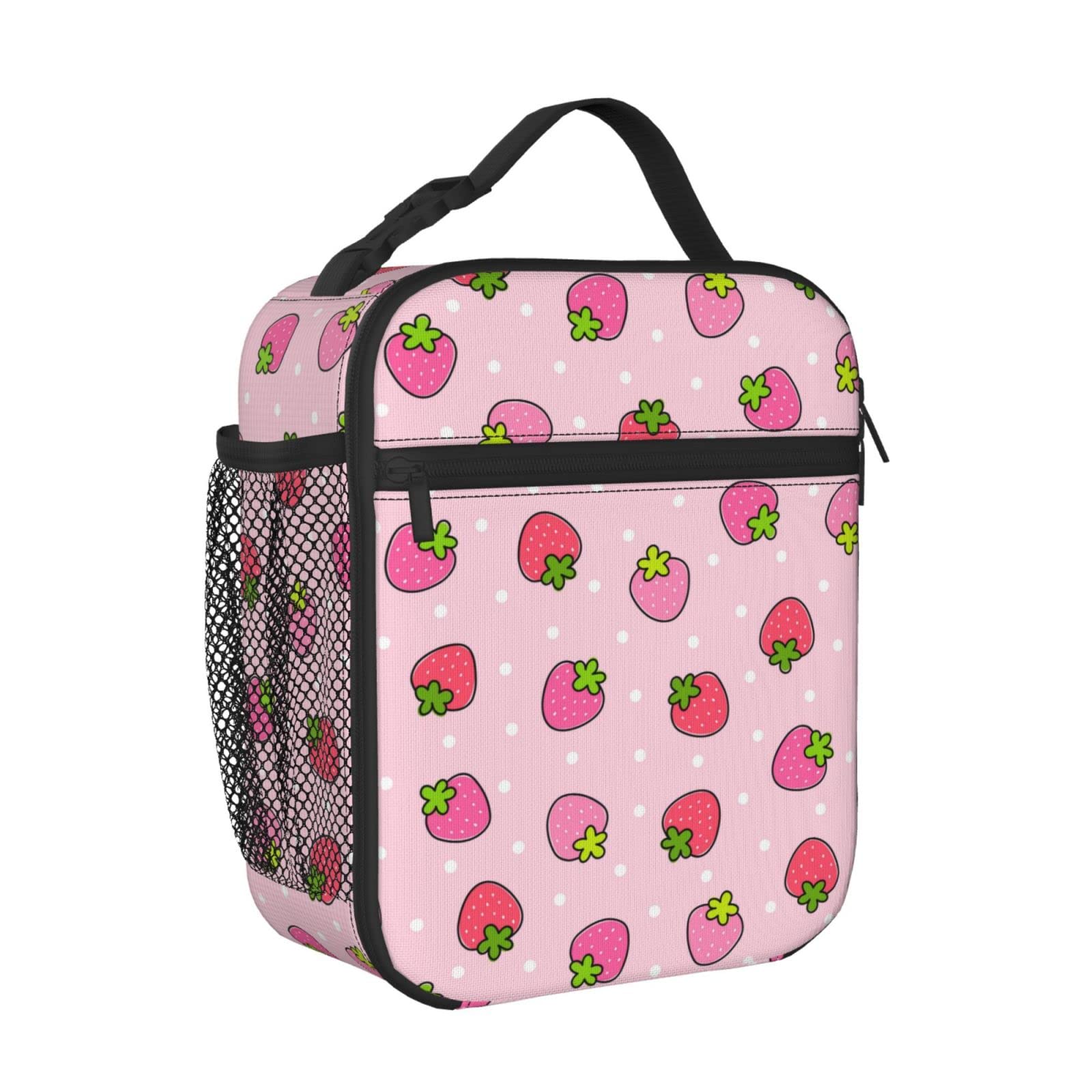 KiuLoam Insulated Lunch Box - Cute Strawberry Pink Reusable Lunch Bag with Shoulder Strap for Women, Men, Girls & Boys - Perfect for School, Work, Picnics & Outdoor Activities