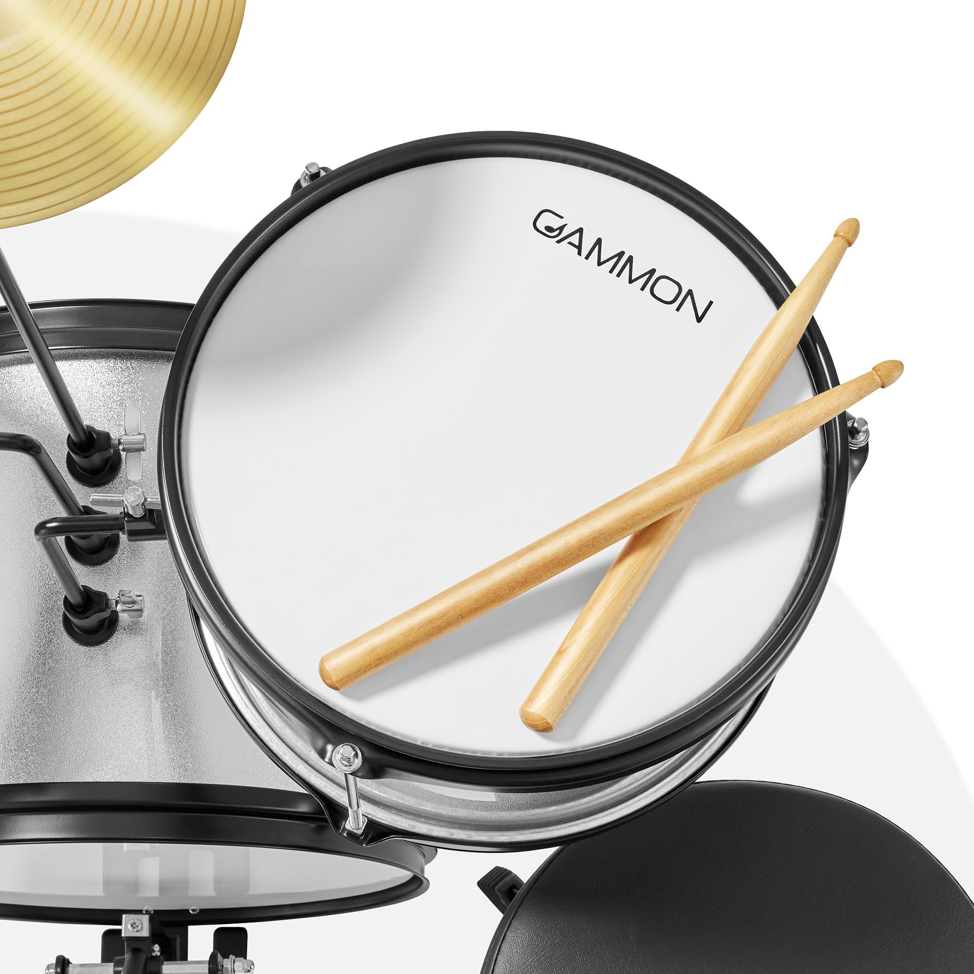 Gammon 3-Piece Junior Drum Set with Throne - Silver | Complete Beginner Drum Kit with Bass Drum, Toms, Cymbal, Pedal & Drumsticks | Perfect for Kids, Teens & First-Time Players | Home Practice, Music Lessons & Birthday Gifts