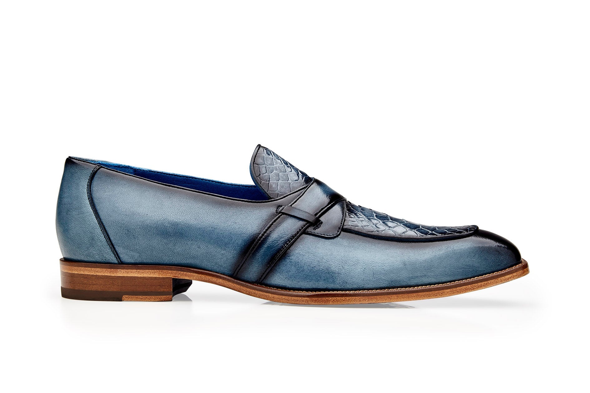 Belvedere Tornado Genuine American Alligator & Italian Calf Leather Dress Shoes - Antique Blue Jean Color R74 | Premium Business Formal & Wedding Attire