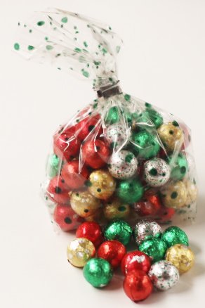 Premium Solid Milk Chocolate Christmas Ornaments - 8 oz Foil Wrapped Holiday Treats in Green Polka Dot Bag | Festive Gift, Tree Decor & Party Favors