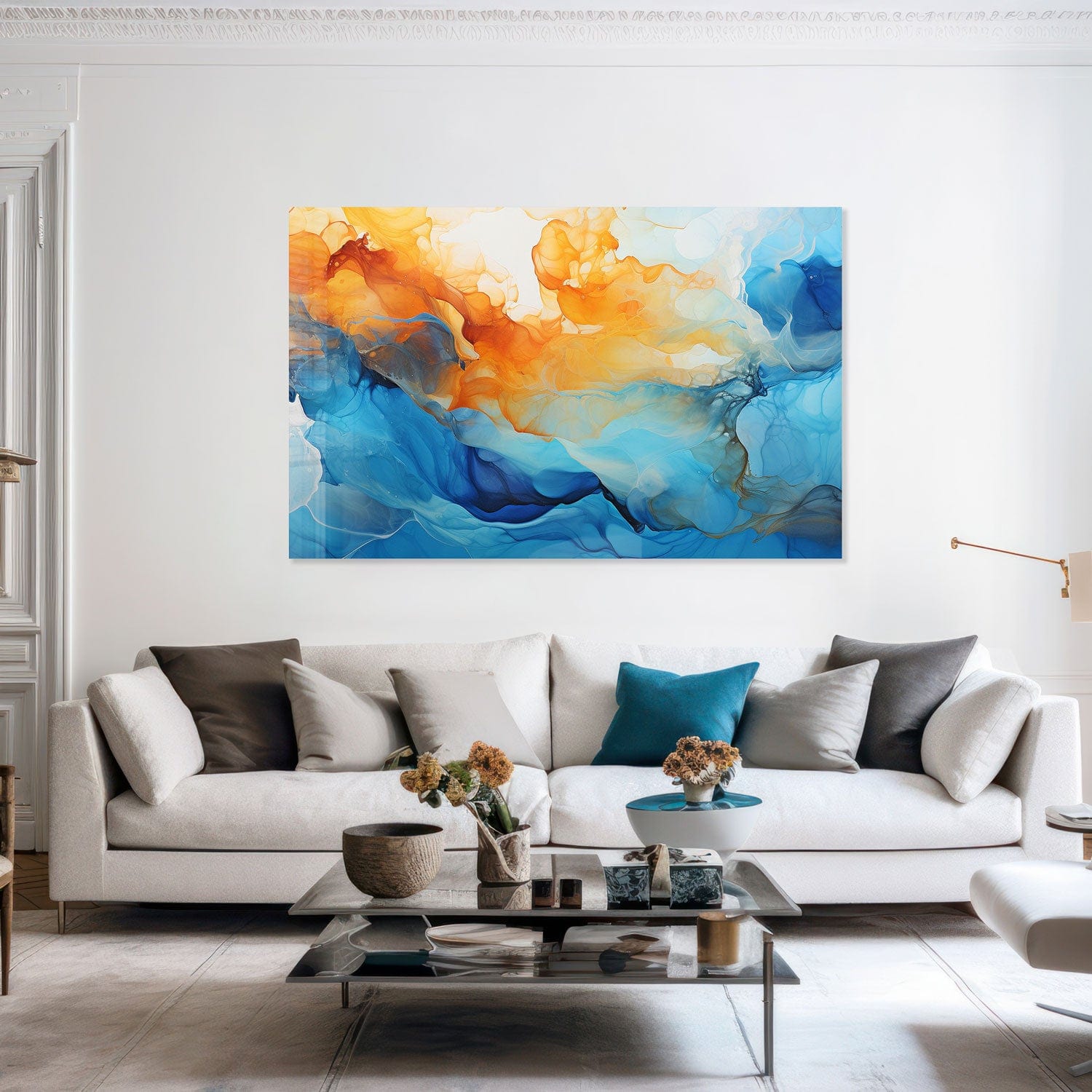 Orange & Blue Abstract Tempered Glass Wall Art - Modern Home Decor for Living Room, Bedroom & Office
