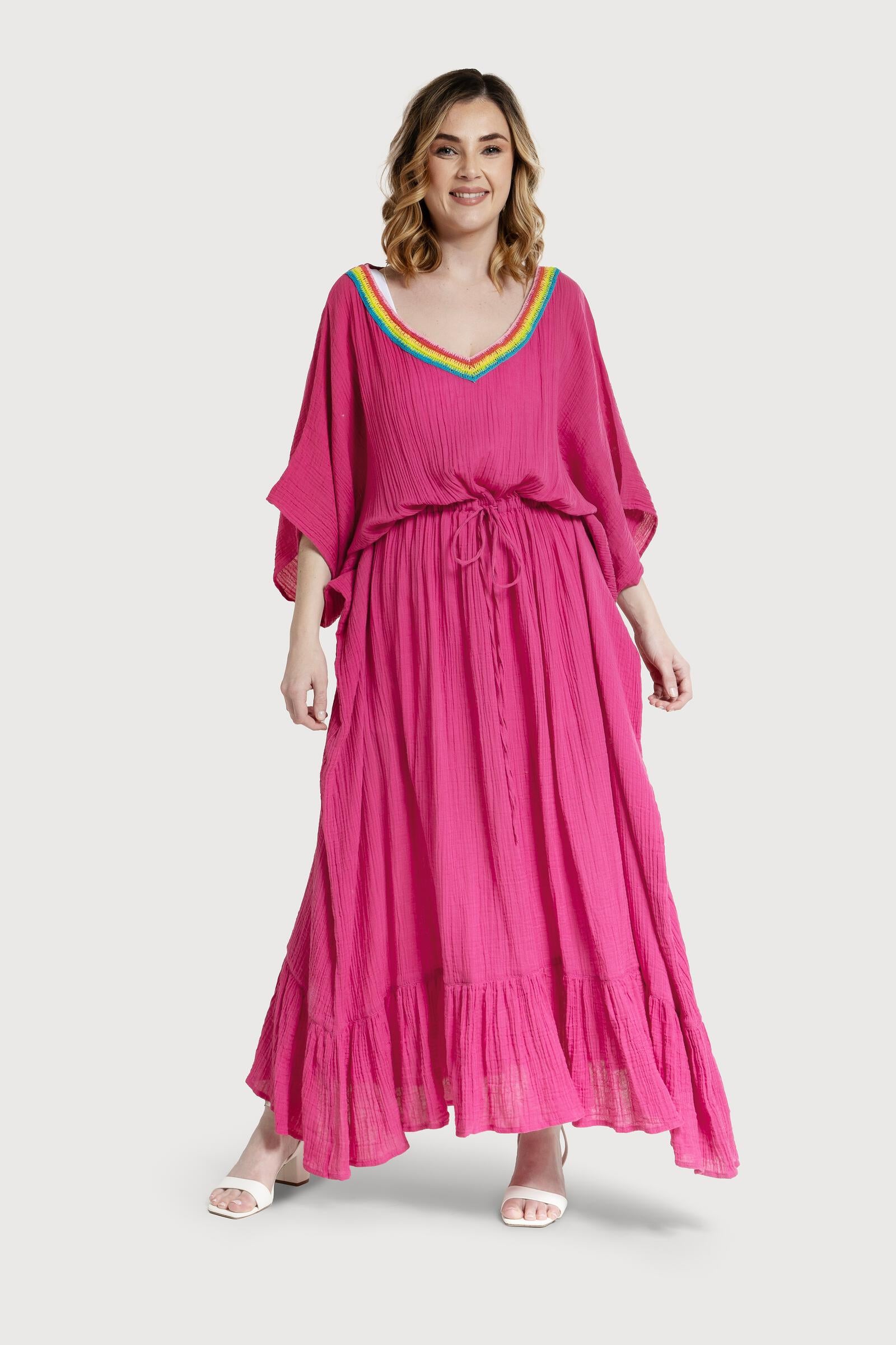 Crochet Rainbow Kaftan Maxi Dress - Boho Chic Beach Cover Up for Women - Perfect for Summer Vacations, Pool Parties & Music Festivals