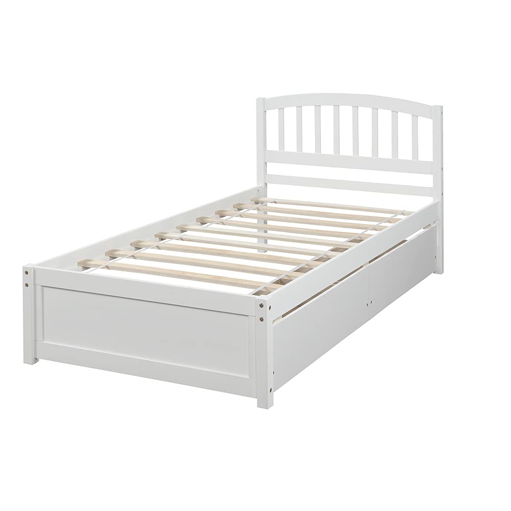 Twin Platform Storage Bed Frame with 2 Drawers & Headboard - Solid Wood No Box Spring Needed - White - Perfect for Small Bedrooms, Kids Rooms & Space-Saving Solutions