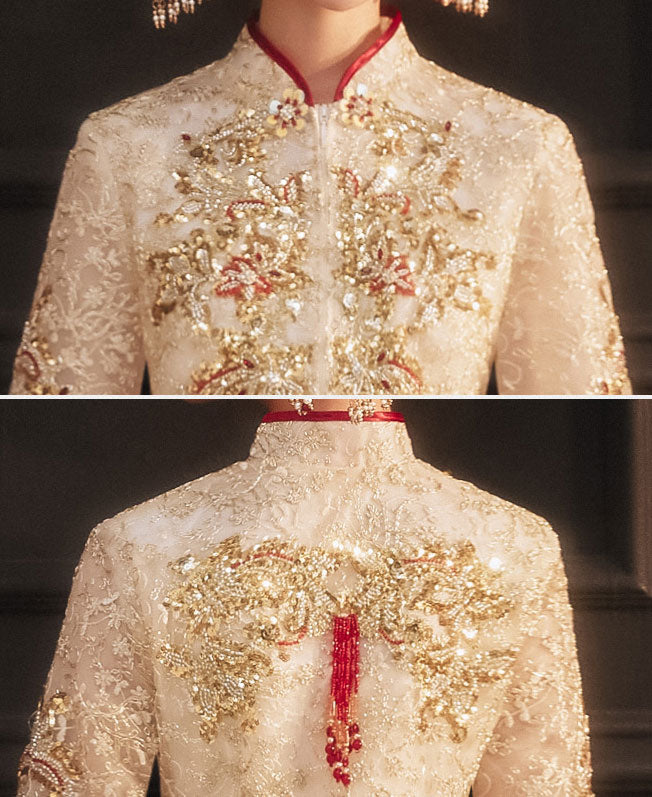 Elegant Champagne Sequin Wedding Dress - Traditional Chinese Qun Kwa Bridal Gown for Bride | Perfect for Wedding Ceremonies, Photo Shoots & Cultural Celebrations