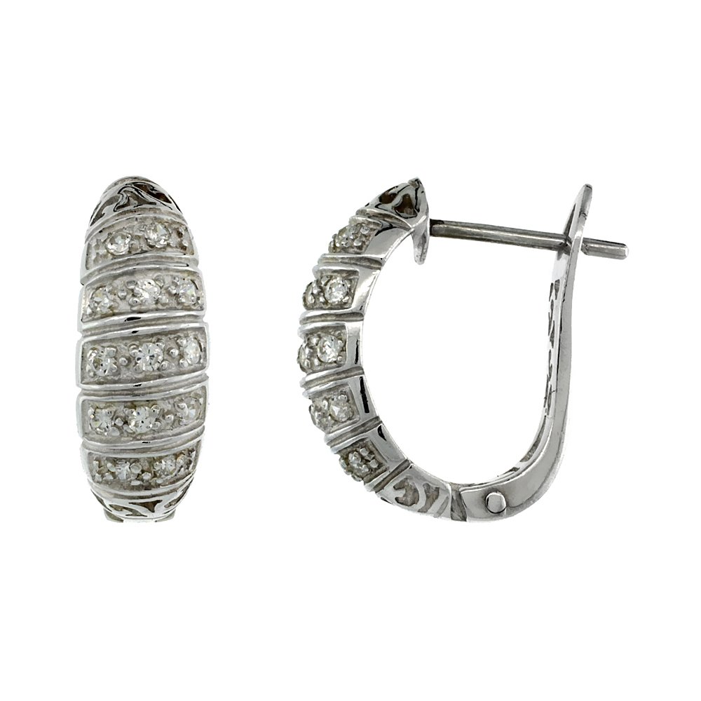 Sterling Silver Striped CZ Huggie Hoop Earrings 17mm (11/16