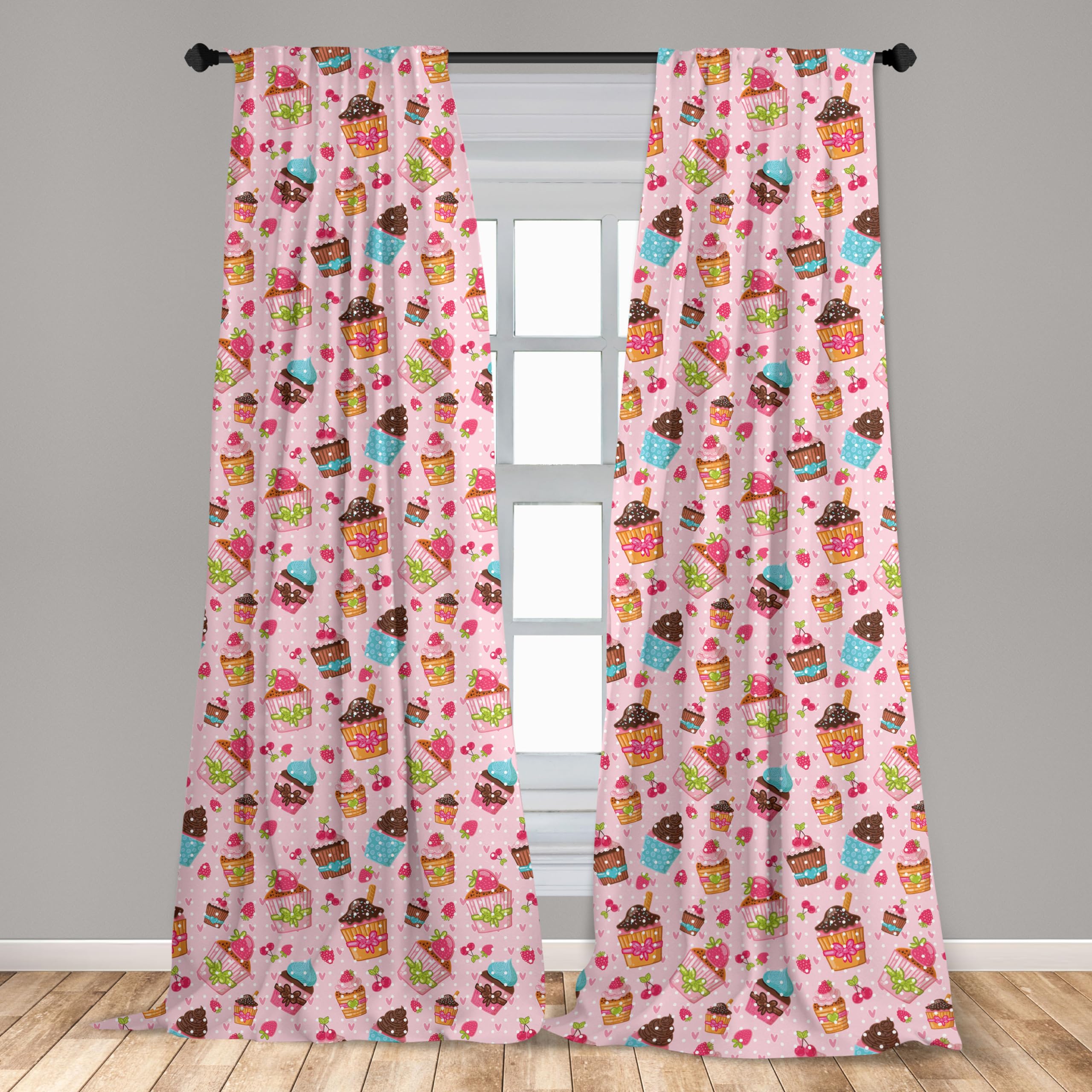 Ambesonne Pink Cupcake Kitchen Curtains - 2-Panel Set with Rod Pocket, 28