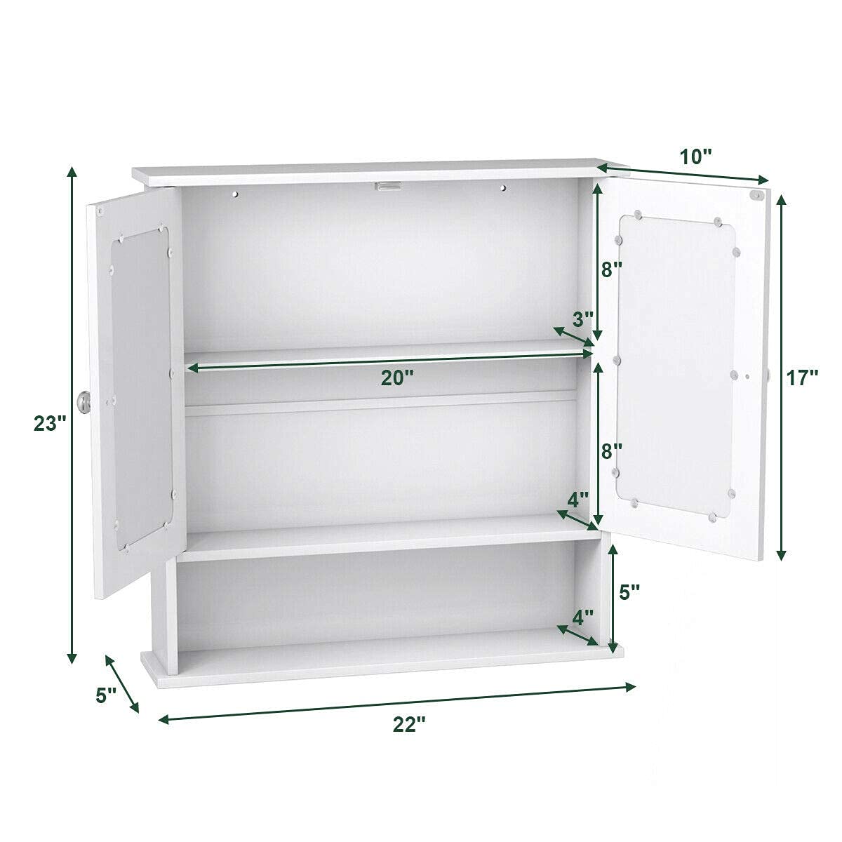 White Wall Mounted Wooden Bathroom Cabinet with Double Mirror Doors - Over Toilet Storage Organizer with Round Knobs for Bathroom, Kitchen, Bedroom - Perfect for Small Space Organization & Home Decor