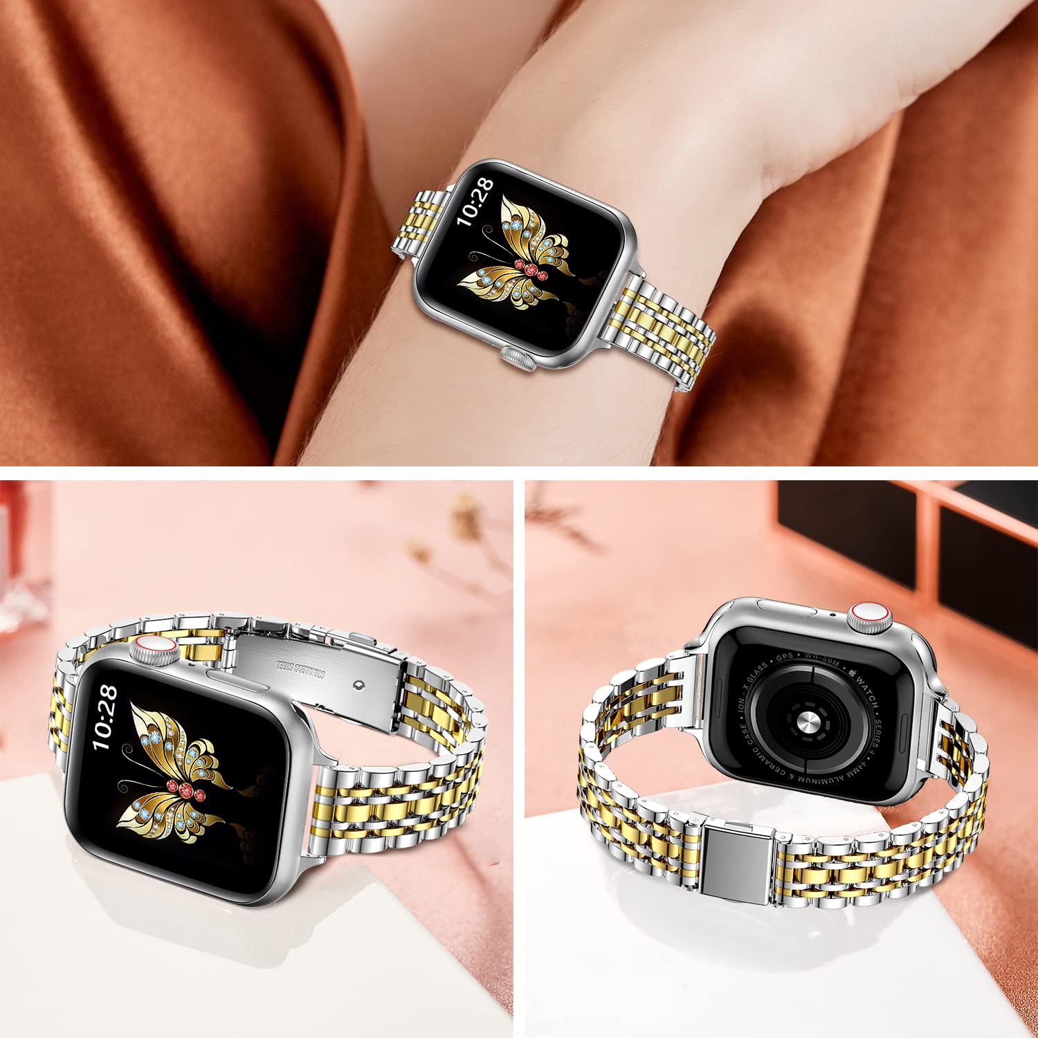 Slim Stainless Steel Apple Watch Band for Women - Compatible with Series 10/9/8/7/6/5/4/SE/Ultra 2/1 (49mm 46mm 45mm 44mm 42mm) - Elegant Metal Chain Strap in Silver & Gold - Perfect for Work, Parties & Everyday Wear