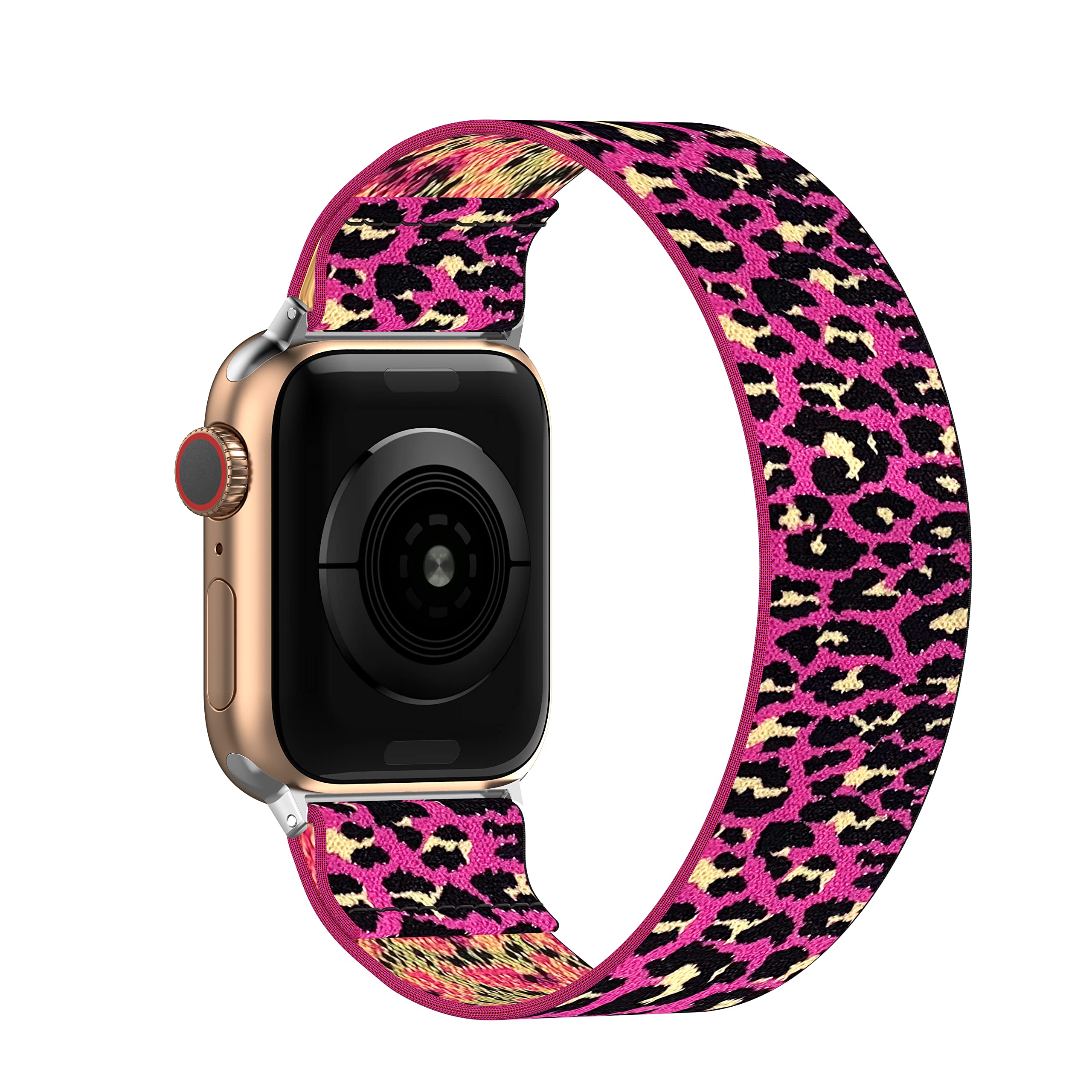 BMBEAR Stretchy Solo Loop Bands for Apple Watch 38mm 40mm 41mm - Braided Elastic Nylon Wristband Compatible with iWatch Series 7/6/5/4/3/2/1/SE - Pink Leopard Print for Women & Men - Perfect for Workouts, Running & Everyday Wear