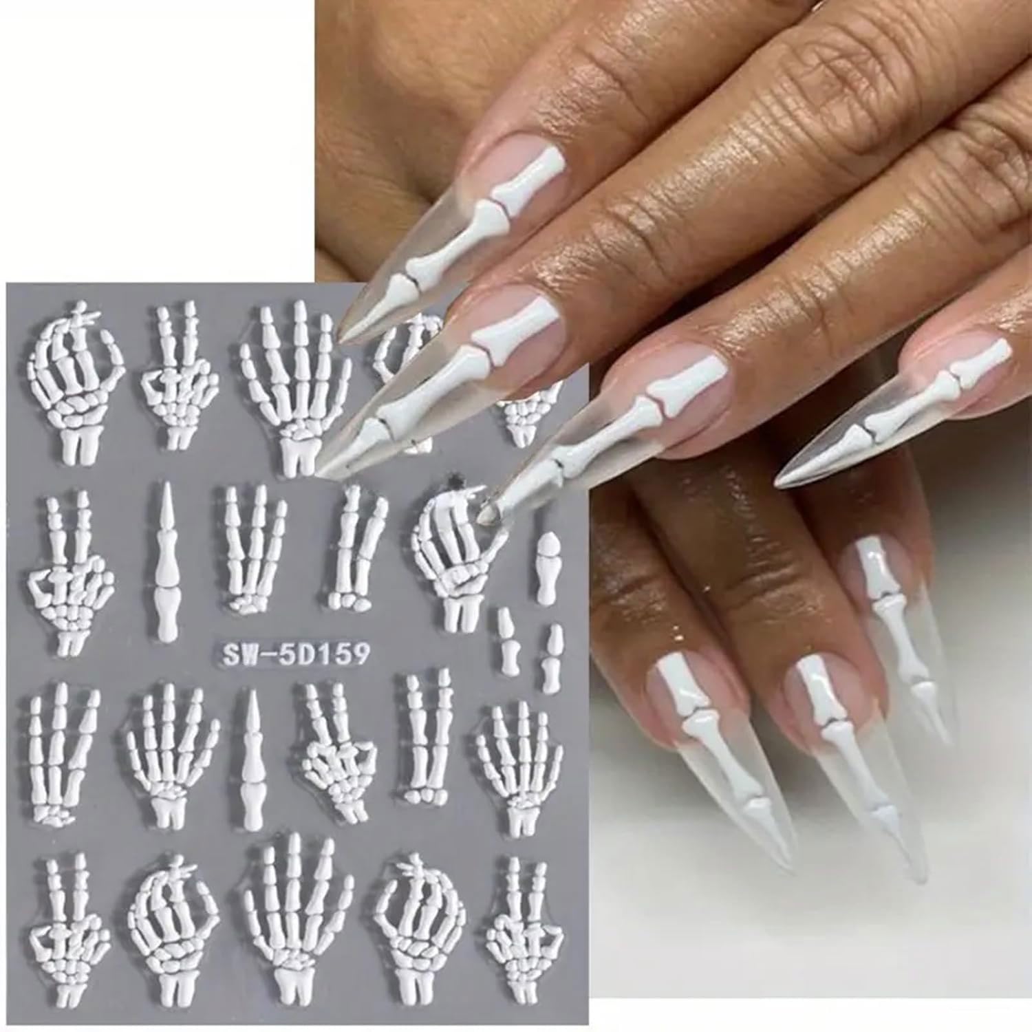 2Pcs Halloween Nail Art Stickers - 5D Embossed Skull & Skeleton Nail Decals with Fantasy Bone Design, White Hand & Finger Bones Nail Stickers for Women - Perfect for Halloween Parties, Costume Nail Art & Spooky Nail Designs