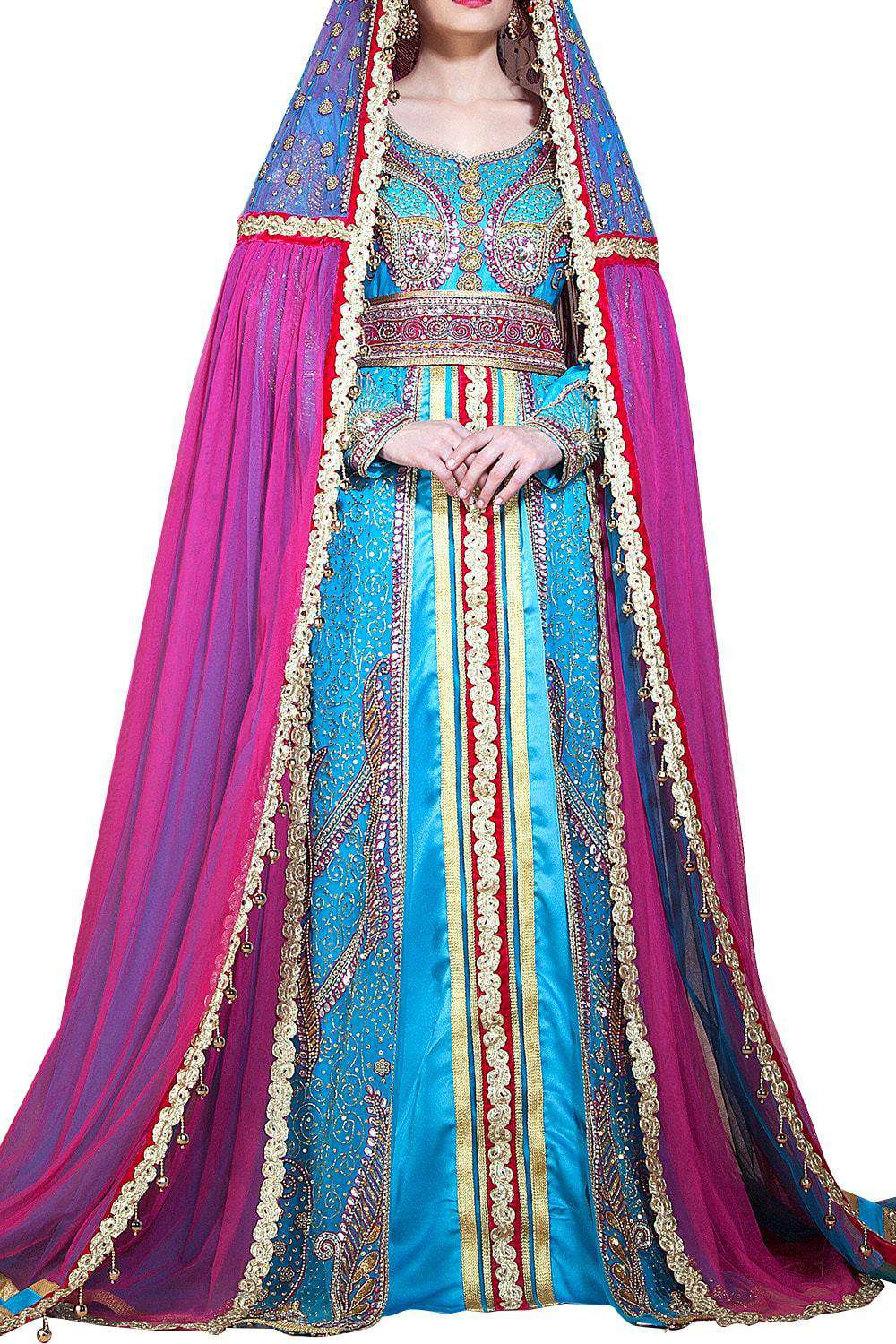 Elegant Arabic Muslim Wedding Caftan - Long Sleeve Dark Pink & Ferozi Designer Dress with Veil | Perfect for Bridal Ceremonies, Henna Nights & Special Occasions
