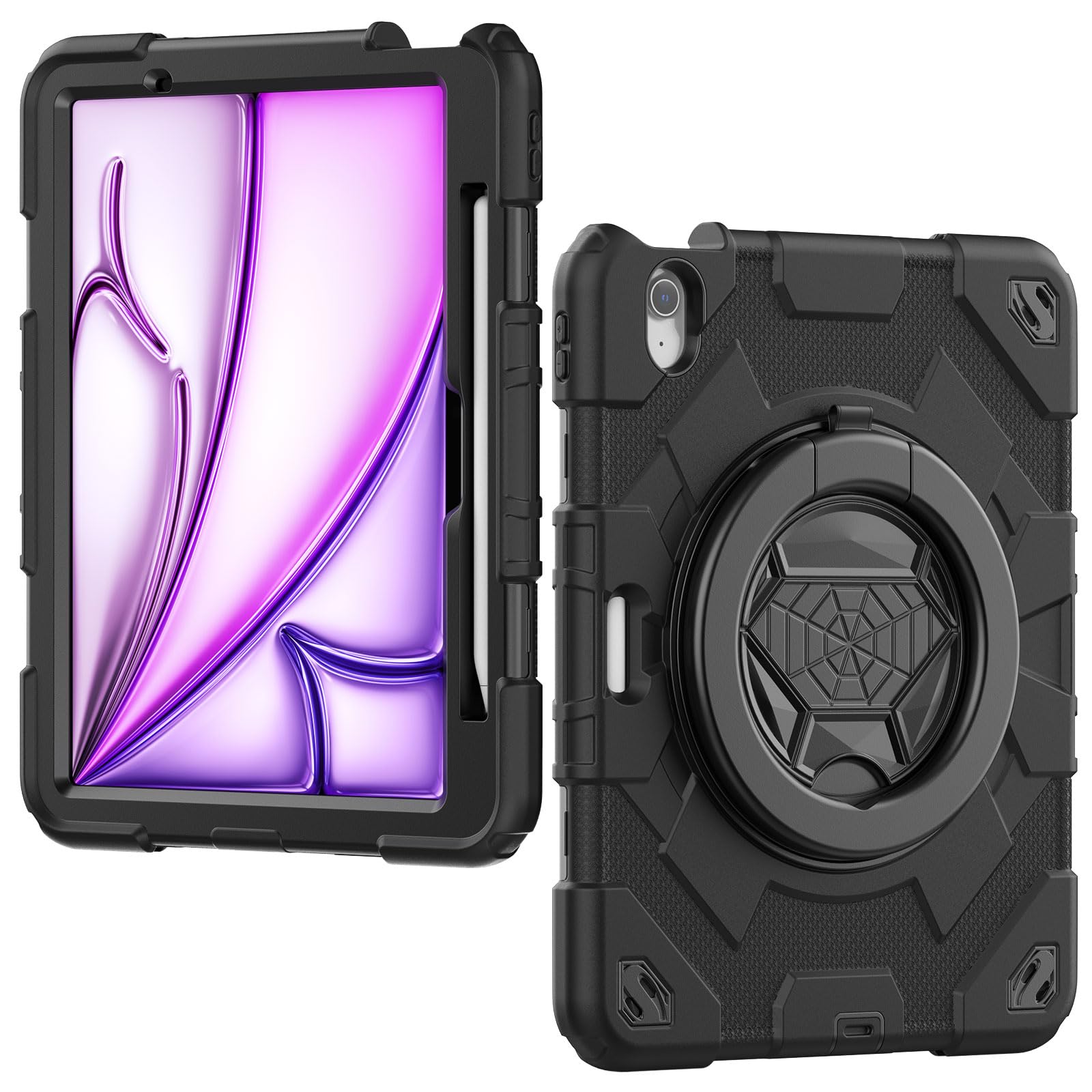 SCSVPN Heavy Duty Protective Case for iPad Air 11 Inch M3 (2025) / M2 (2024) - 7th/6th Gen Kids iPad Case with Screen Protector, Pencil Holder, Stand, Handle & Shoulder Strap - Perfect for School, Travel & Outdoor Activities (Black)