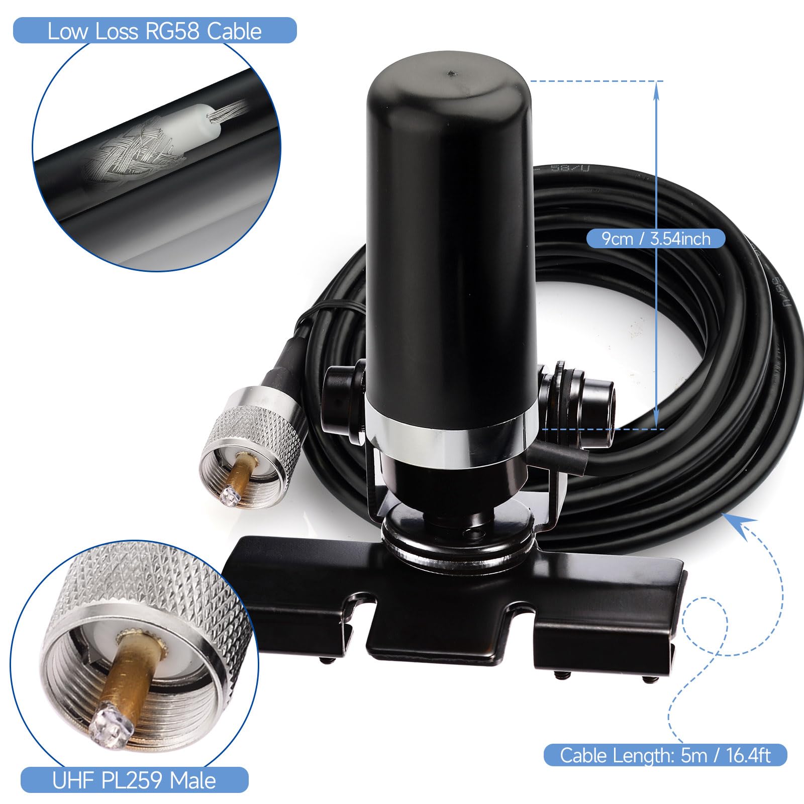 Bingfu VHF UHF Mobile Radio Antenna 136-174MHz 400-470MHz for Car Truck - NMO Mount Low Profile Antenna with Lip Mount Bracket & 16.5ft RG58 Cable - Perfect for Ham Radio, Emergency Communication, and Off-Road Adventures