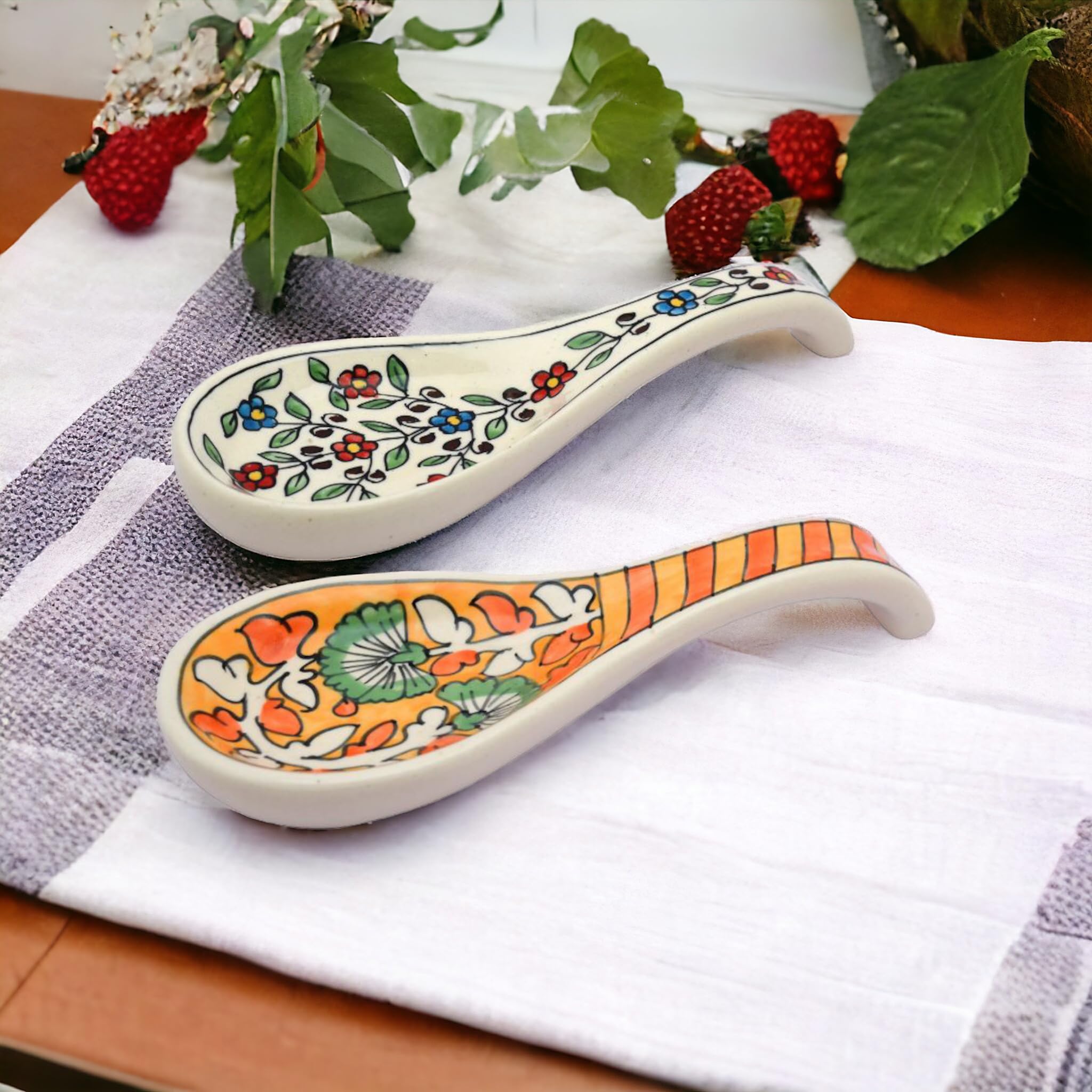 Hand-Painted Ceramic Spoon Rest - Multi-Orange Design for Kitchen Countertop | Durable Serveware & Cutlery Holder | Set of 2 | Perfect for Cooking, Serving, and Protecting Countertops from Hot Utensils