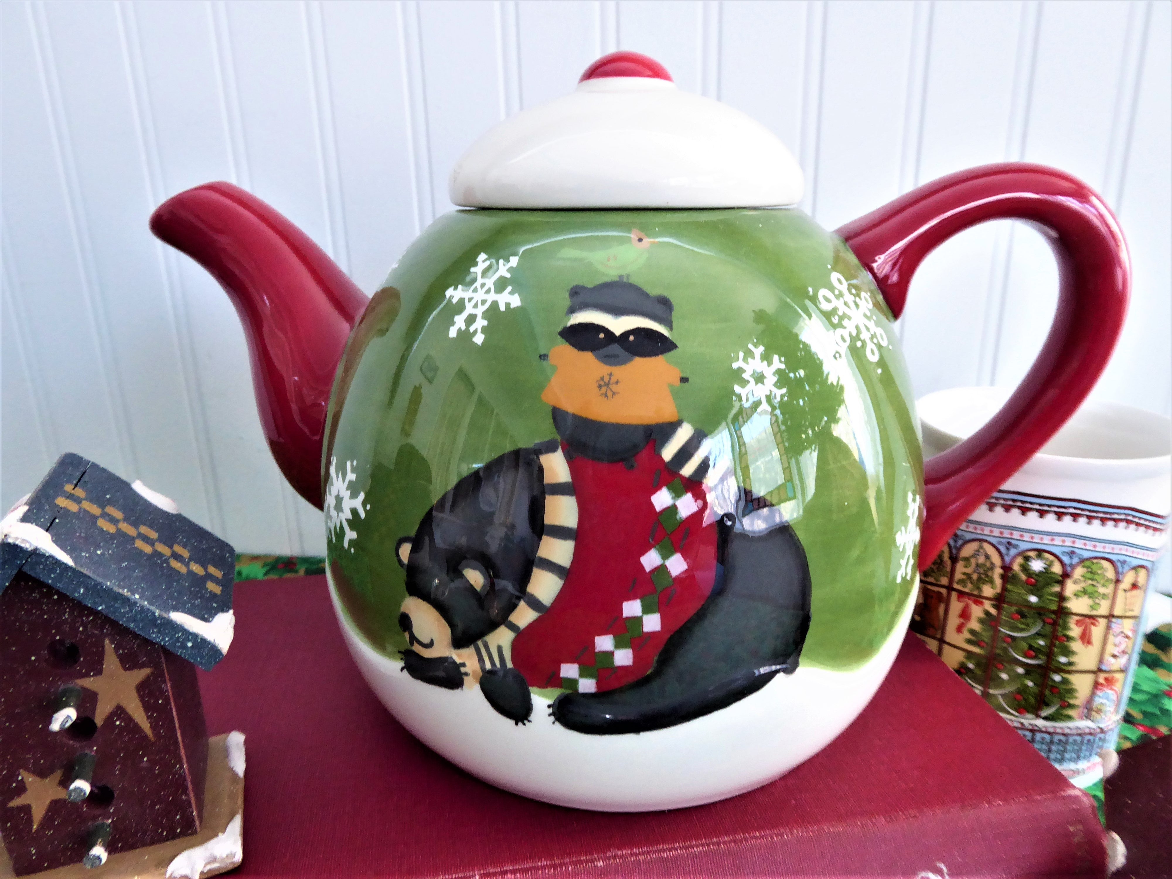 Debbie Mumm Christmas Winter Folk Art Teapot with Bear and Raccoon Design - Large Holiday Teapot for Winter Decorations, Gift Giving & Cozy Tea Time