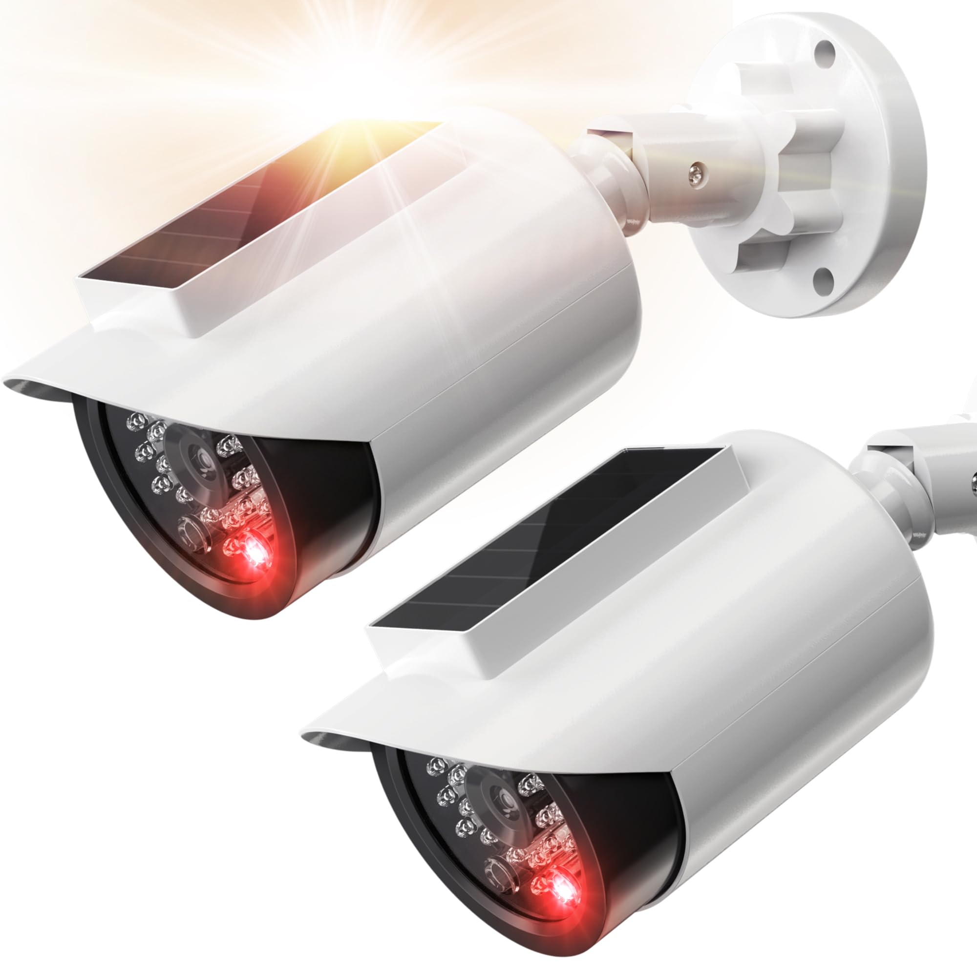 BNT Solar Powered Fake Security Camera - Bullet Style Dummy Surveillance Camera with Red LED Light for Night, Includes Warning Stickers - Outdoor Home & Business Security Deterrent (2-Pack, White, Battery Not Included) - Perfect for Garage, Yard, Warehouse & Storefront Protection