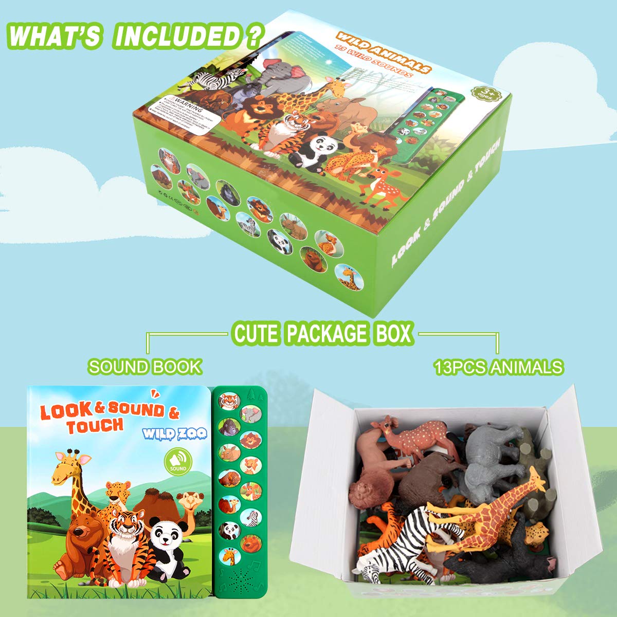 Safari Animal Figures Toys Set - 13 Realistic Wild Plastic Animal Figurines with Kids Sound Book - Educational Learning Toys Gift for Boys Girls Ages 3+ - Perfect for Jungle Themed Parties, Preschool Learning & Imaginative Play