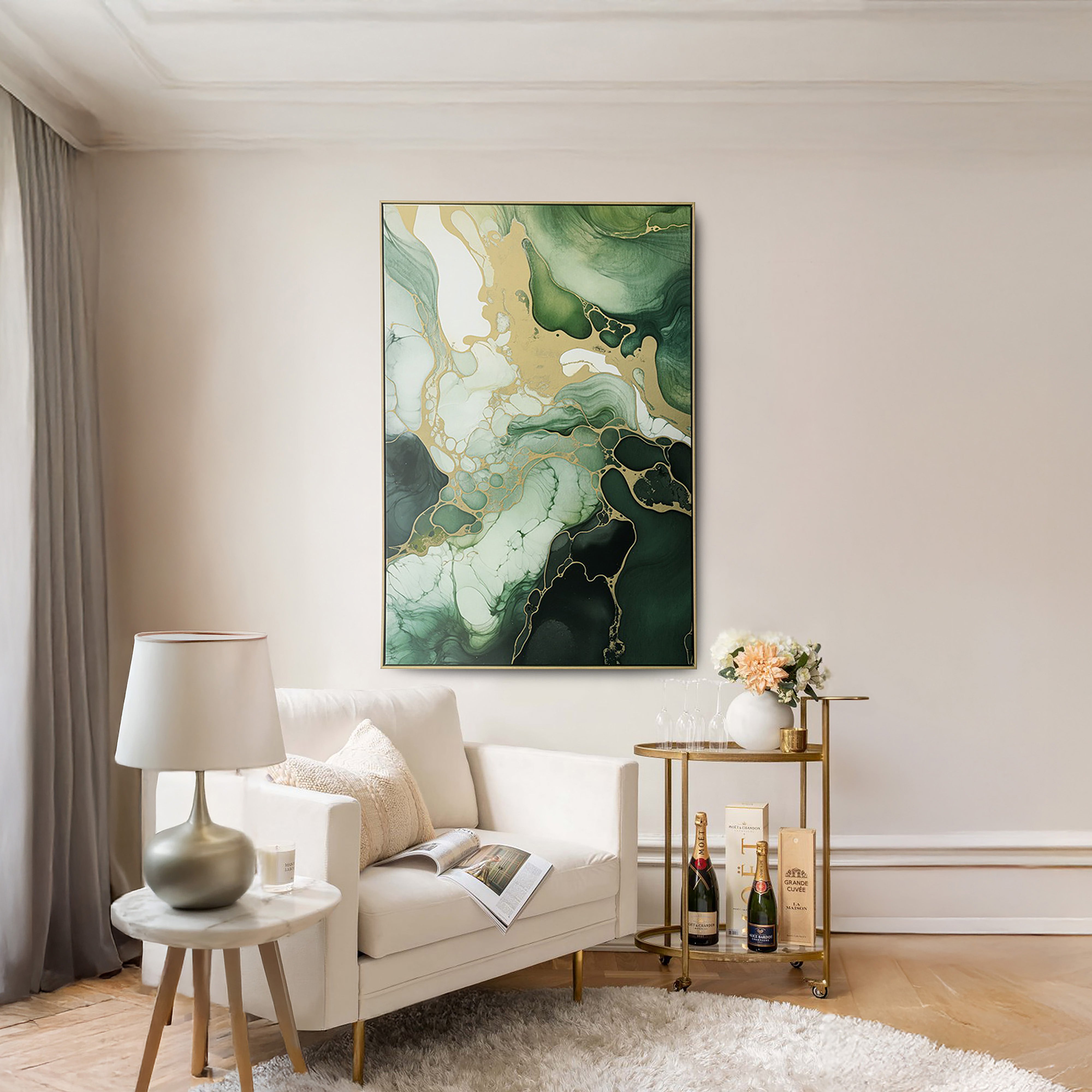 Urban Style Green Marble Foiled Canvas Brushmarks - Elegant Home Decor for Living Room, Bedroom & Office Wall Art
