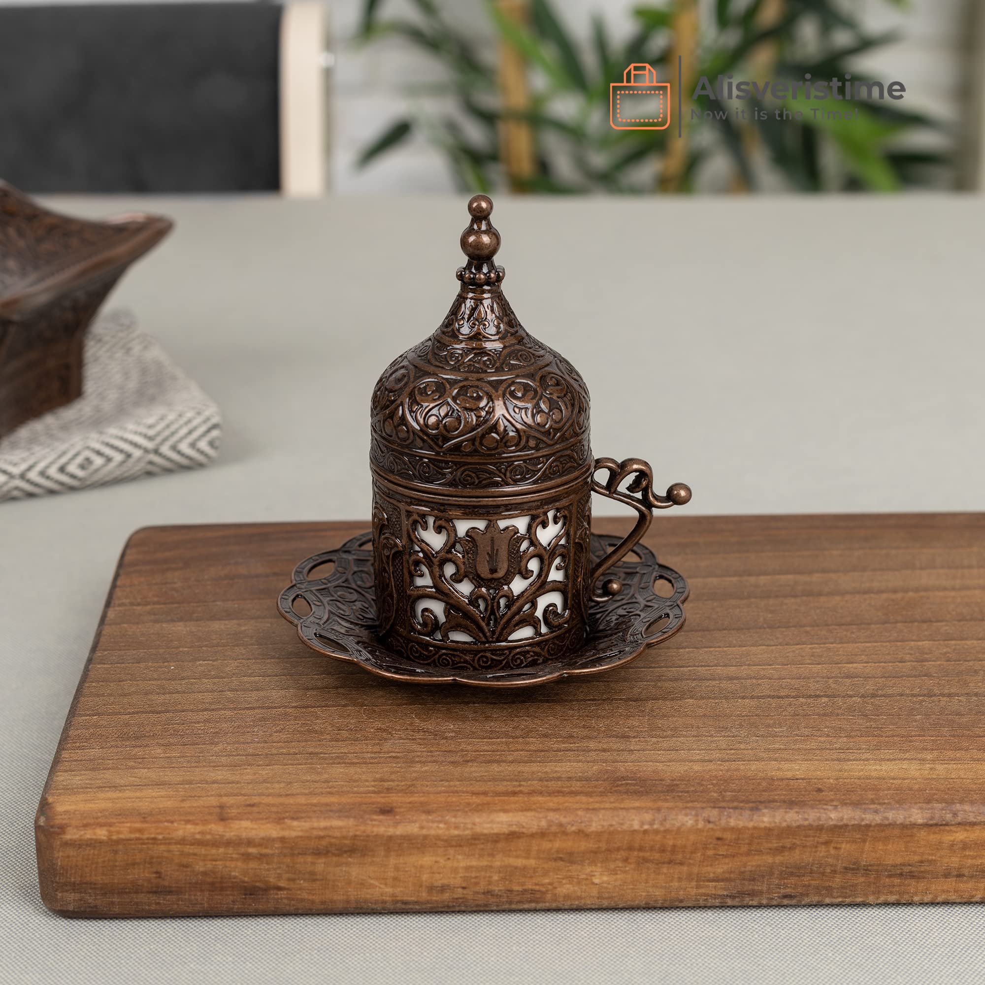 Premium 6-Piece Turkish Coffee Cup Set with Saucers & Lids - Ottoman Tulip Design (Copper/Lale/Multi-Color) - Perfect for Home Brewing, Gift Giving & Traditional Coffee Ceremonies