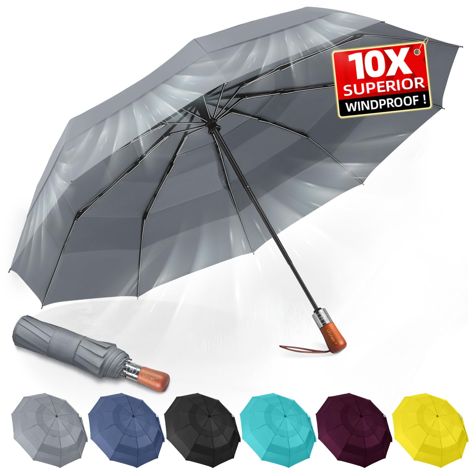 3T Wind Armor Travel Umbrella - Compact Auto Open/Close Folding Umbrella for Rain & Windproof - Durable Real Wood Handle - Portable for Backpack & Car - Perfect for Commuting, Travel, and Outdoor Activities