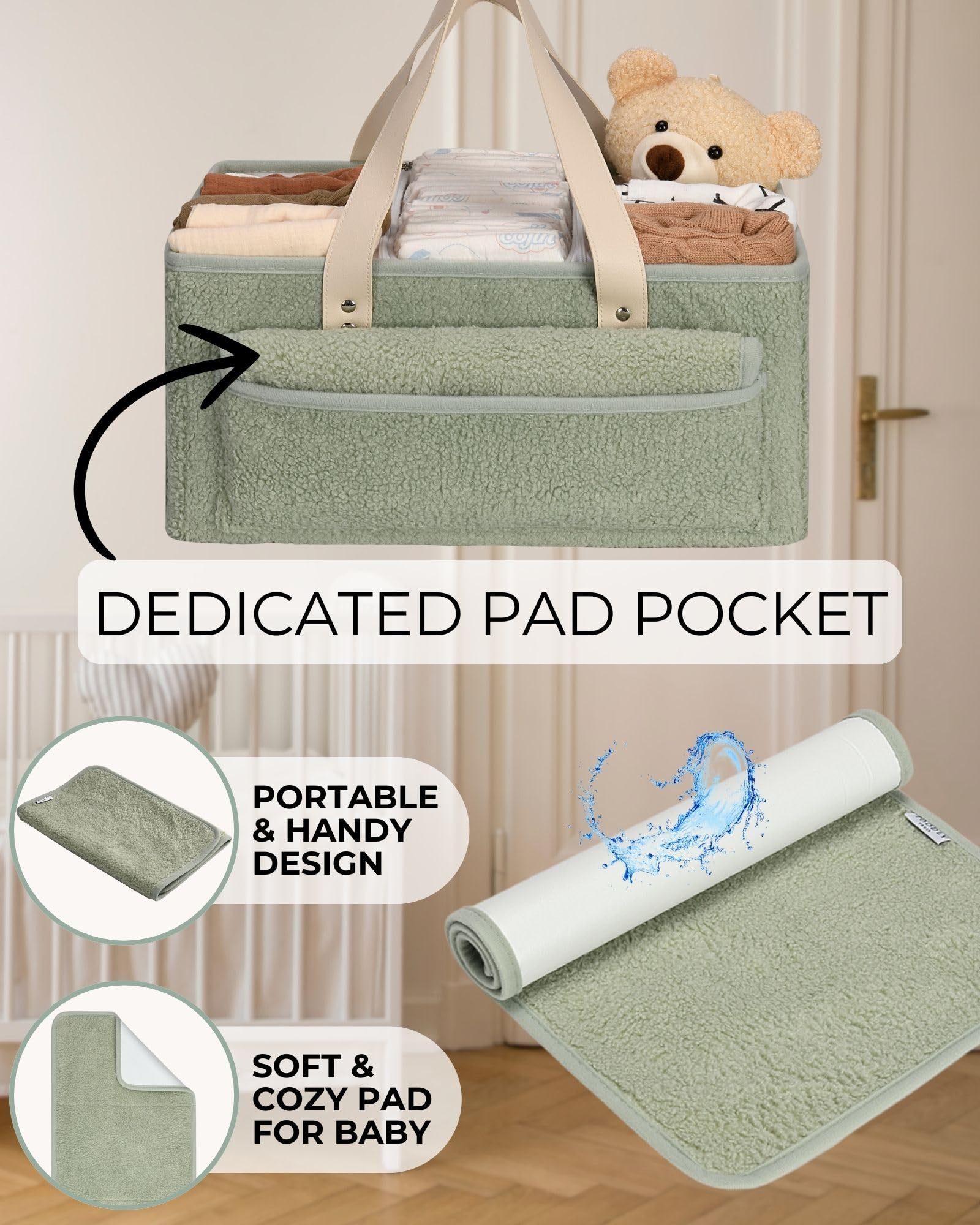 Portable Baby Diaper Caddy Organizer with Changing Mat & Burp Cloth - Soft Teddy Fleece Diaper Station for Nursery - Multi-Compartment Baby Basket for Diapers, Wipes & Essentials - Perfect for Nursery, Travel & On-the-Go Diaper Changes