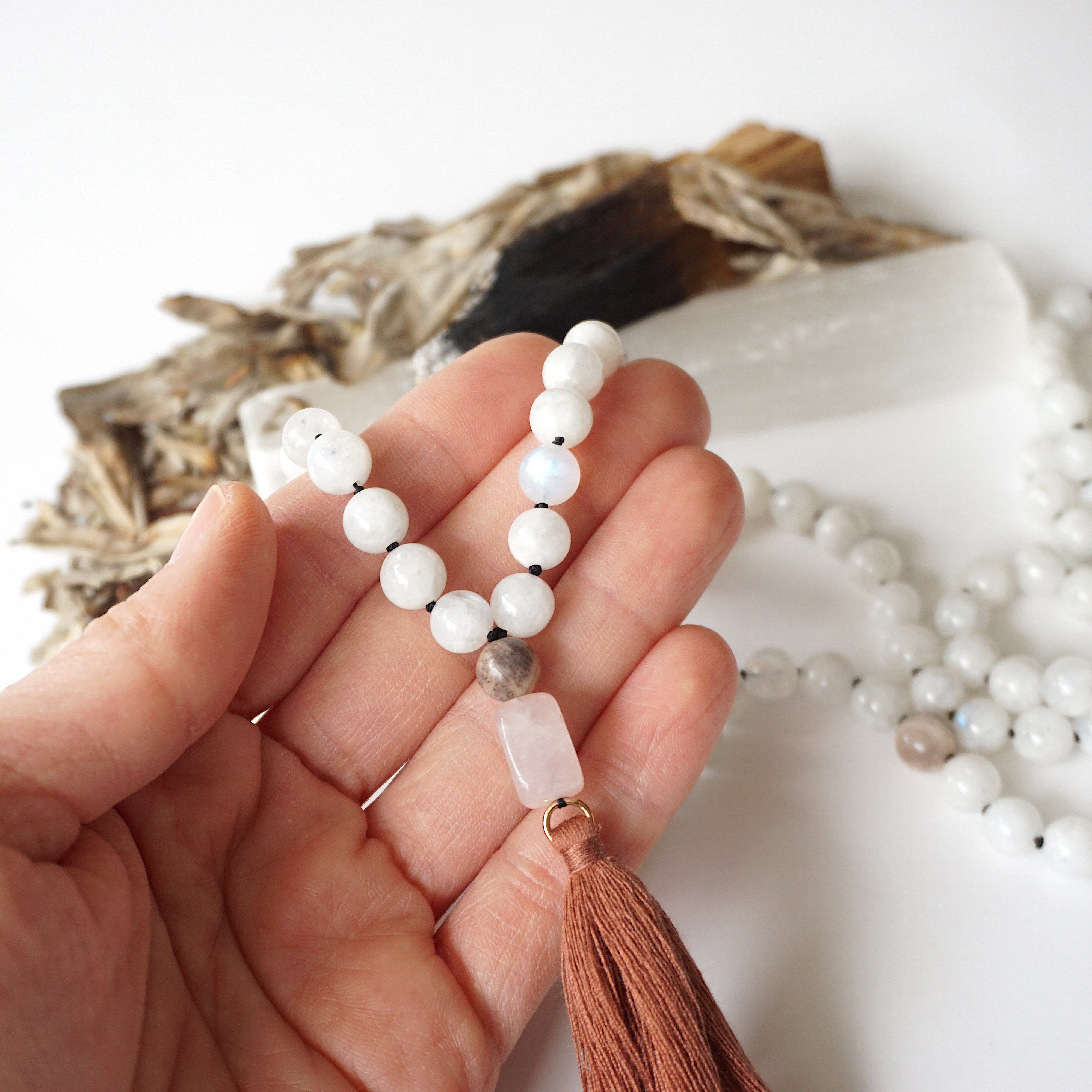 Moonstone and Rose Quartz Mala Necklace - Healing Crystal Beads for Meditation, Yoga & Spiritual Balance | Perfect for Mindfulness Practice & Stress Relief