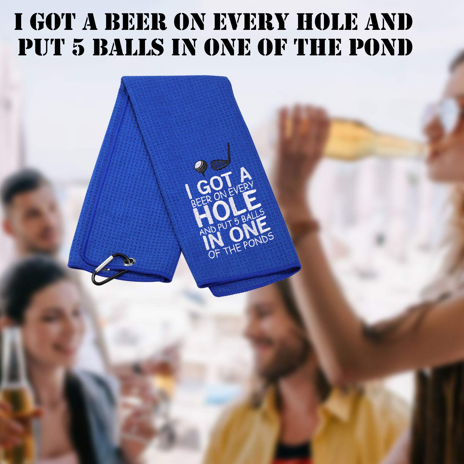 PXTIDY Embroidered Golf Towel for Men - 'I Got A Beer On Every Hole' Funny Golf Gift with Clip - Perfect for Golf Lovers & Beer Enthusiasts (Blue) - Great for Golf Courses, Driving Ranges & Tailgating Parties