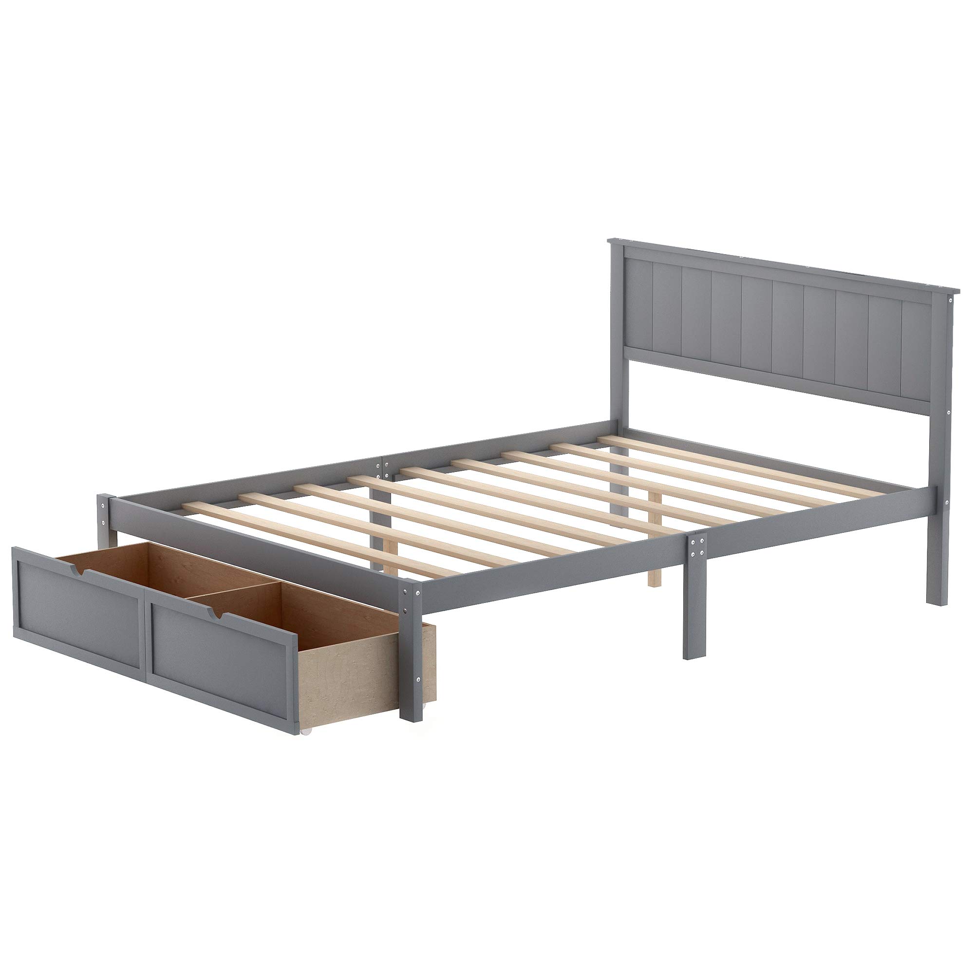 Rhomtree Wood Bed Frame with Storage Drawers - Full Size Platform Bed for Small Spaces