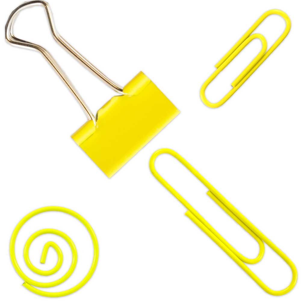 JAM PAPER Office Clip Assortment - 4-Piece Set with Binder Clips, Round Paper Clips & Regular/Jumbo Paper Clips in Yellow - Perfect for Organizing Documents, School Supplies & Office Work