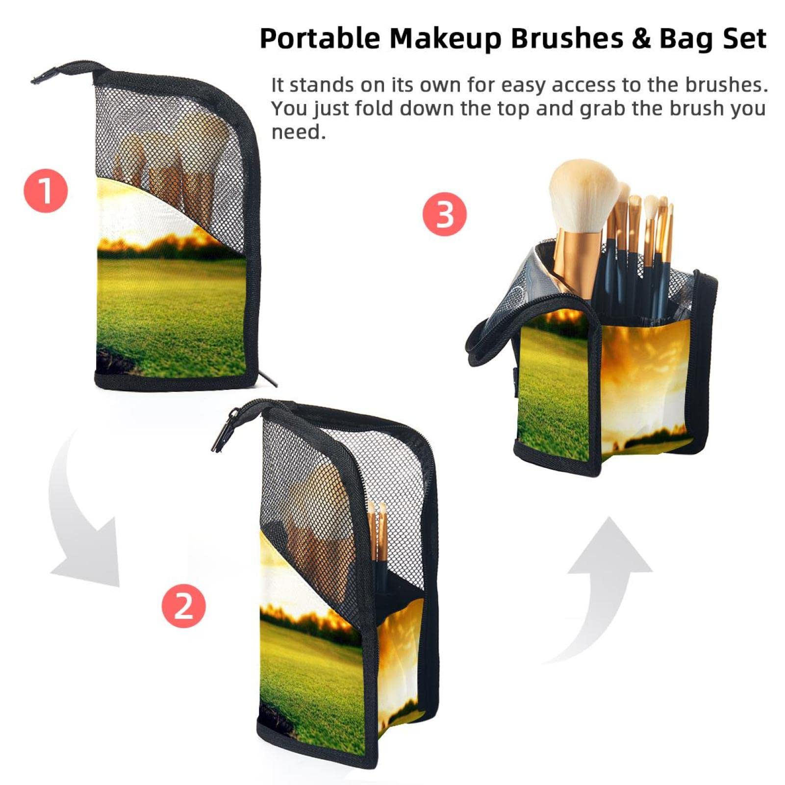 Premium Makeup Brush Organizer Bag with 12 Slots - Portable Cosmetic Brush Holder Case with Baseball Hole & Sunset Design for Travel, Home Vanity, and Professional Makeup Artists