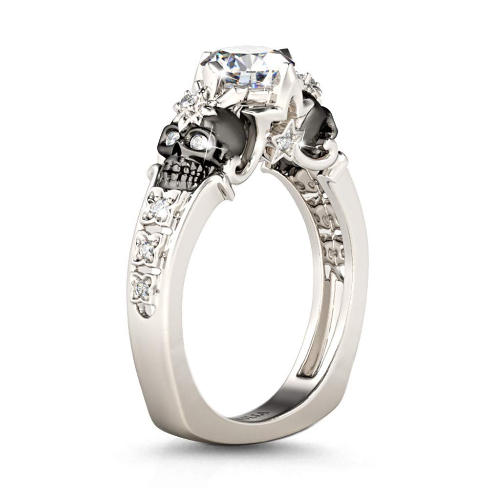 2 Carat Round Cut Diamond Skull Ring for Women - Sterling Silver Two-Tone Wedding Band with European Shank, Custom Bridal Engagement Promise Ring - Perfect for Gothic Weddings, Alternative Fashion & Unique Gift Giving (Includes Gift Box)