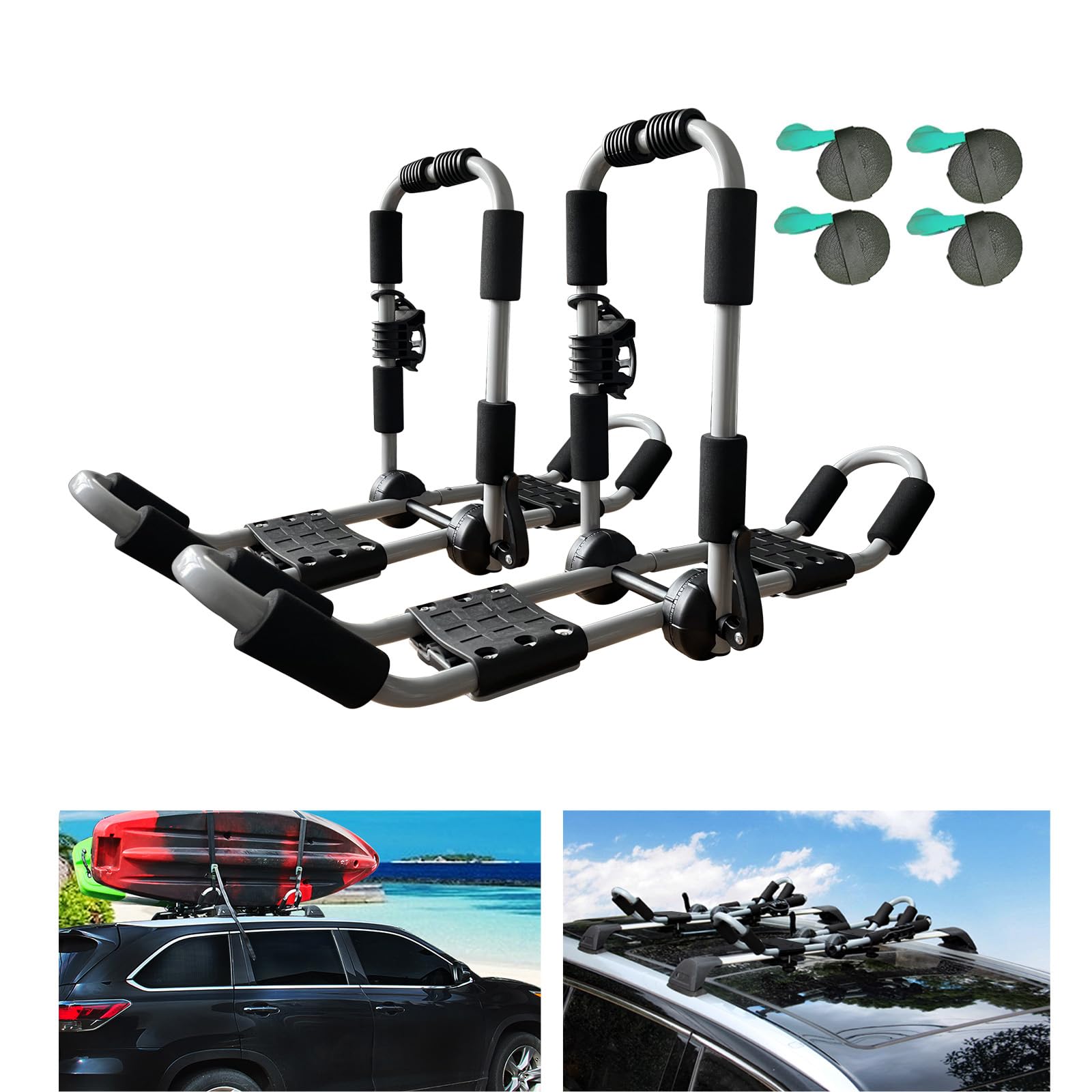 HUIMENG 4-in-1 Adjustable Kayak Roof Rack - Folding J-Shaped Carrier for Kayak, Surfboard, Ski - Universal Fit for SUV, Truck, Car Crossbars - Includes 4 Tie Down Straps - Perfect for Outdoor Adventures & Water Sports