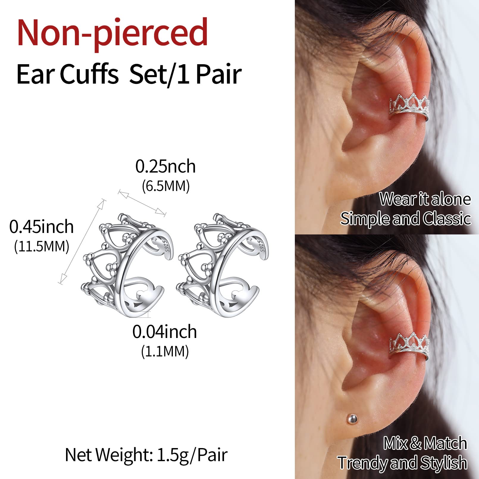 ChicSilver 925 Sterling Silver Non-Piercing Clip-On Ear Cuff Earrings for Women - Cartilage Hoop Earrings with Gift Box - Perfect for Parties, Weddings & Everyday Wear