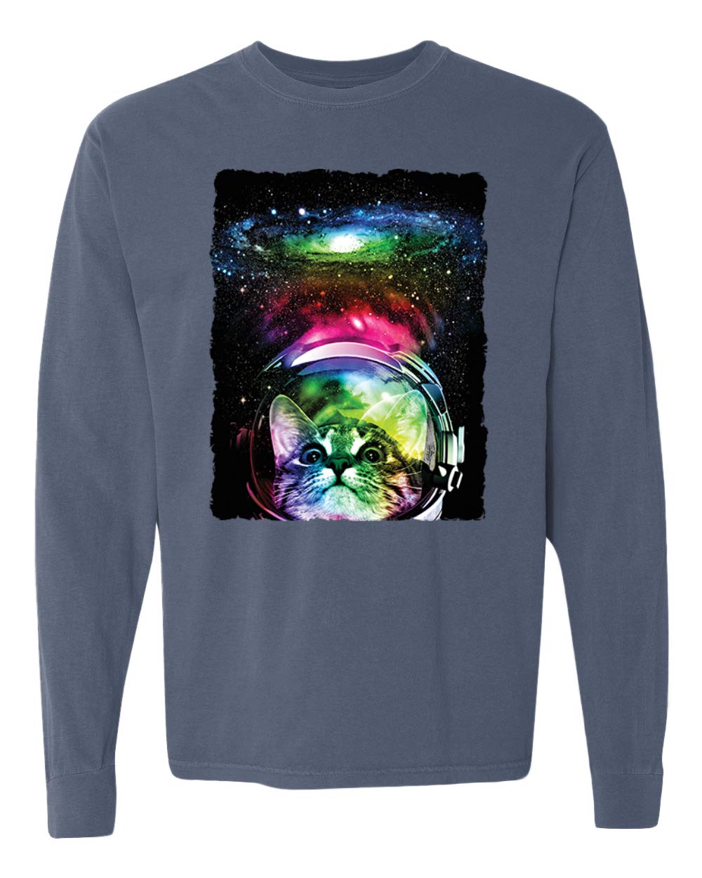 Trippy Neon Space Astronaut Lunar Cat Graphic Long Sleeve T-Shirt | Streetwear Garment-Dyed Washed Look | Perfect for Music Festivals & Urban Fashion